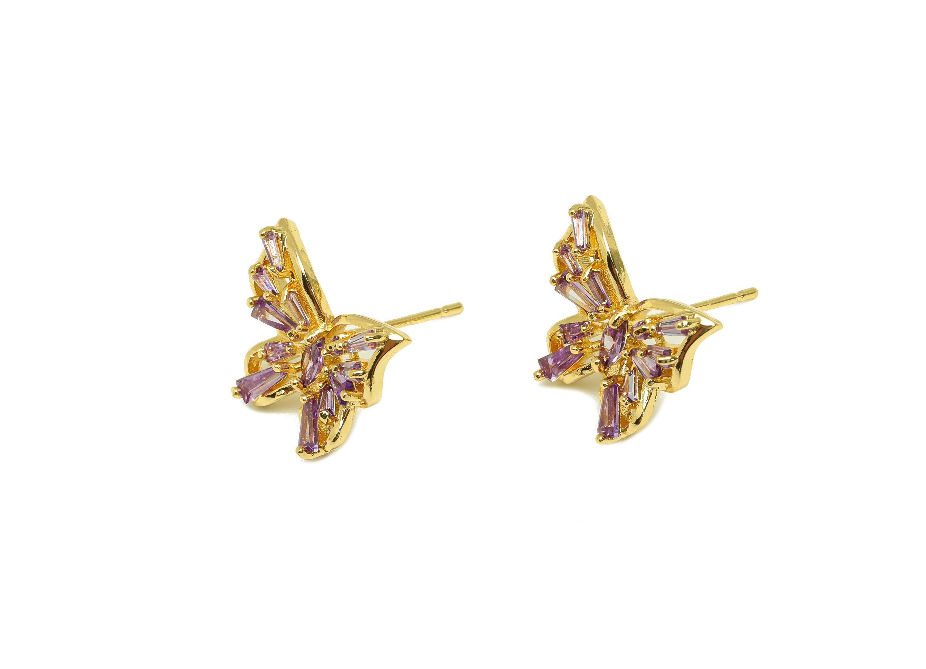 Brass CZ Butterfly Earring Stud - Brass Cubic Zircon Post - Brass Purple Butterfly Earring Post - 18K Real Gold Plating - 15x14x3mm -RGP7084 - DOMEDBAZAAR