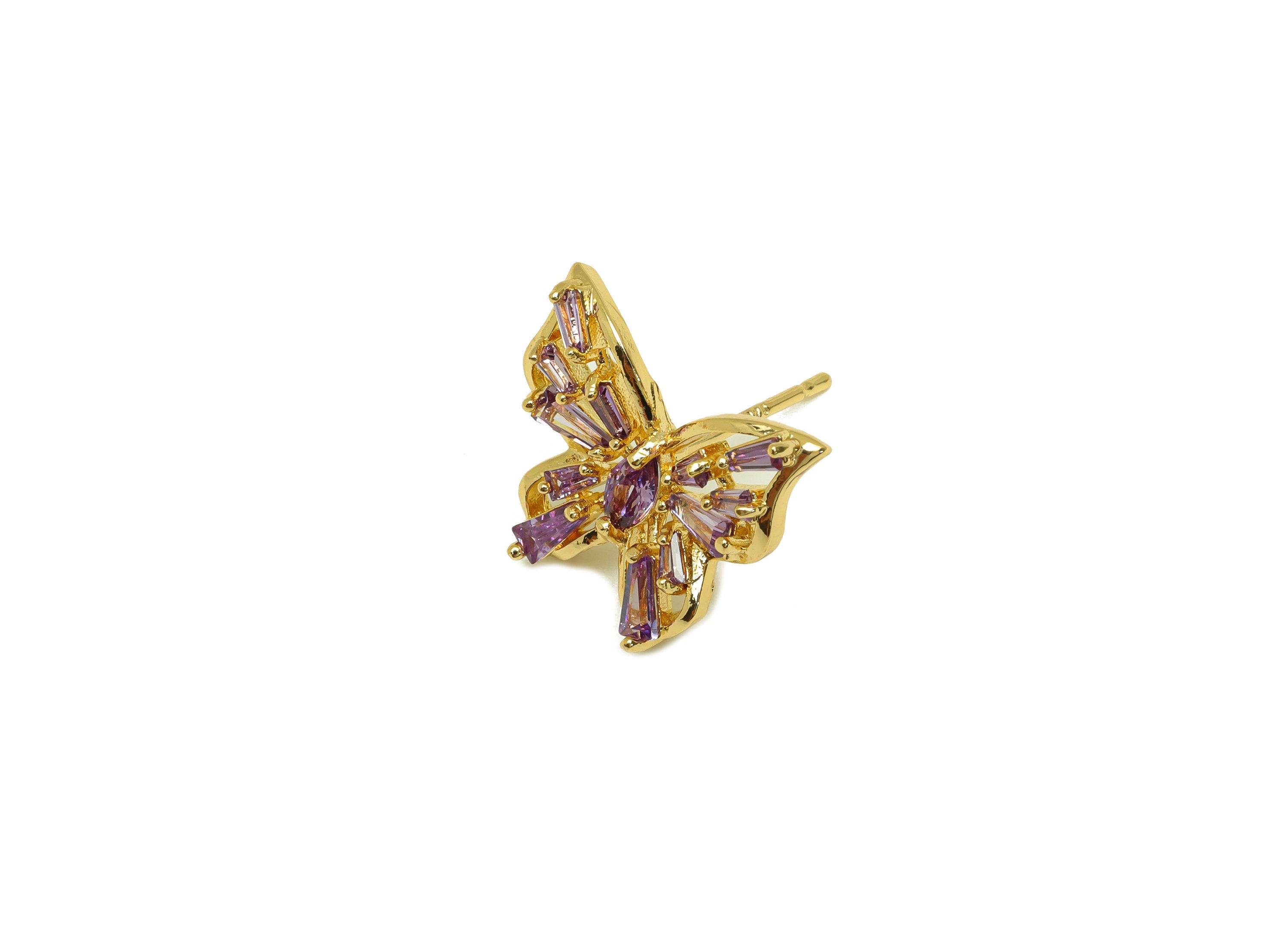 Brass CZ Butterfly Earring Stud - Brass Cubic Zircon Post - Brass Purple Butterfly Earring Post - 18K Real Gold Plating - 15x14x3mm -RGP7084 - DOMEDBAZAAR