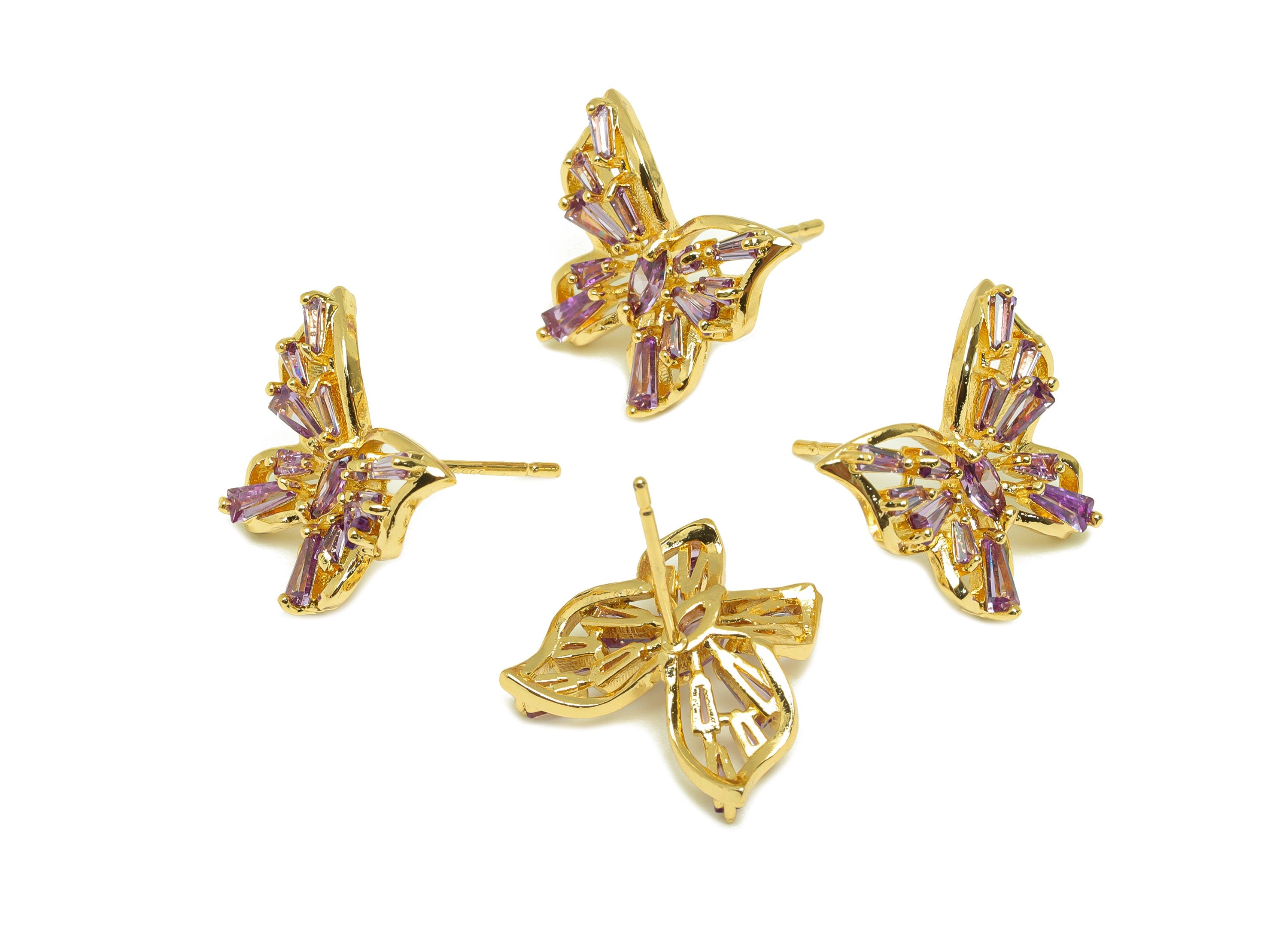 Brass CZ Butterfly Earring Stud - Brass Cubic Zircon Post - Brass Purple Butterfly Earring Post - 18K Real Gold Plating - 15x14x3mm -RGP7084 - DOMEDBAZAAR