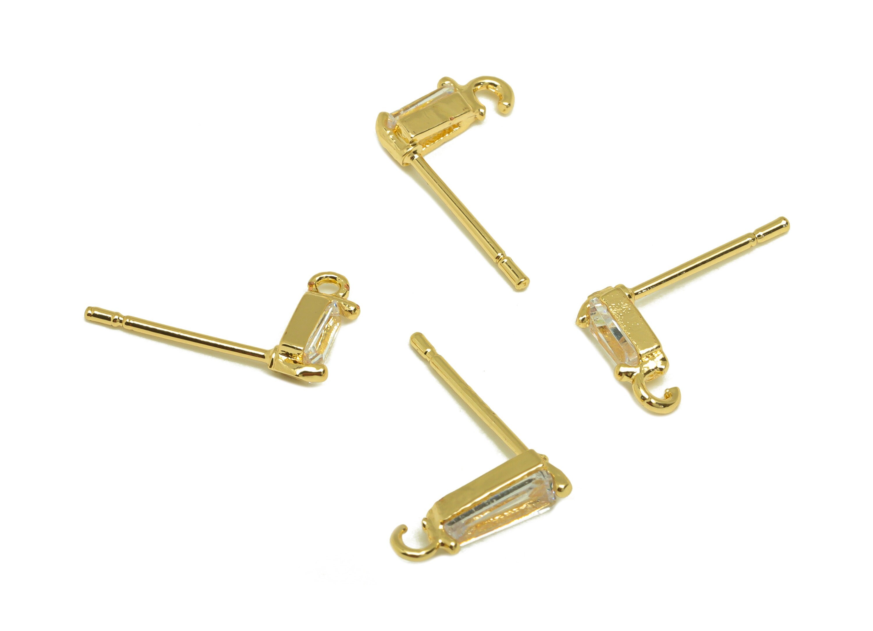 Brass CZ Rectangle Earring Stud - Brass Cubic Zircon Post With Open Loop - Zircon Earring Post - 18K Real Gold Plating - 15x7x3mm - RGP7094 - DOMEDBAZAAR