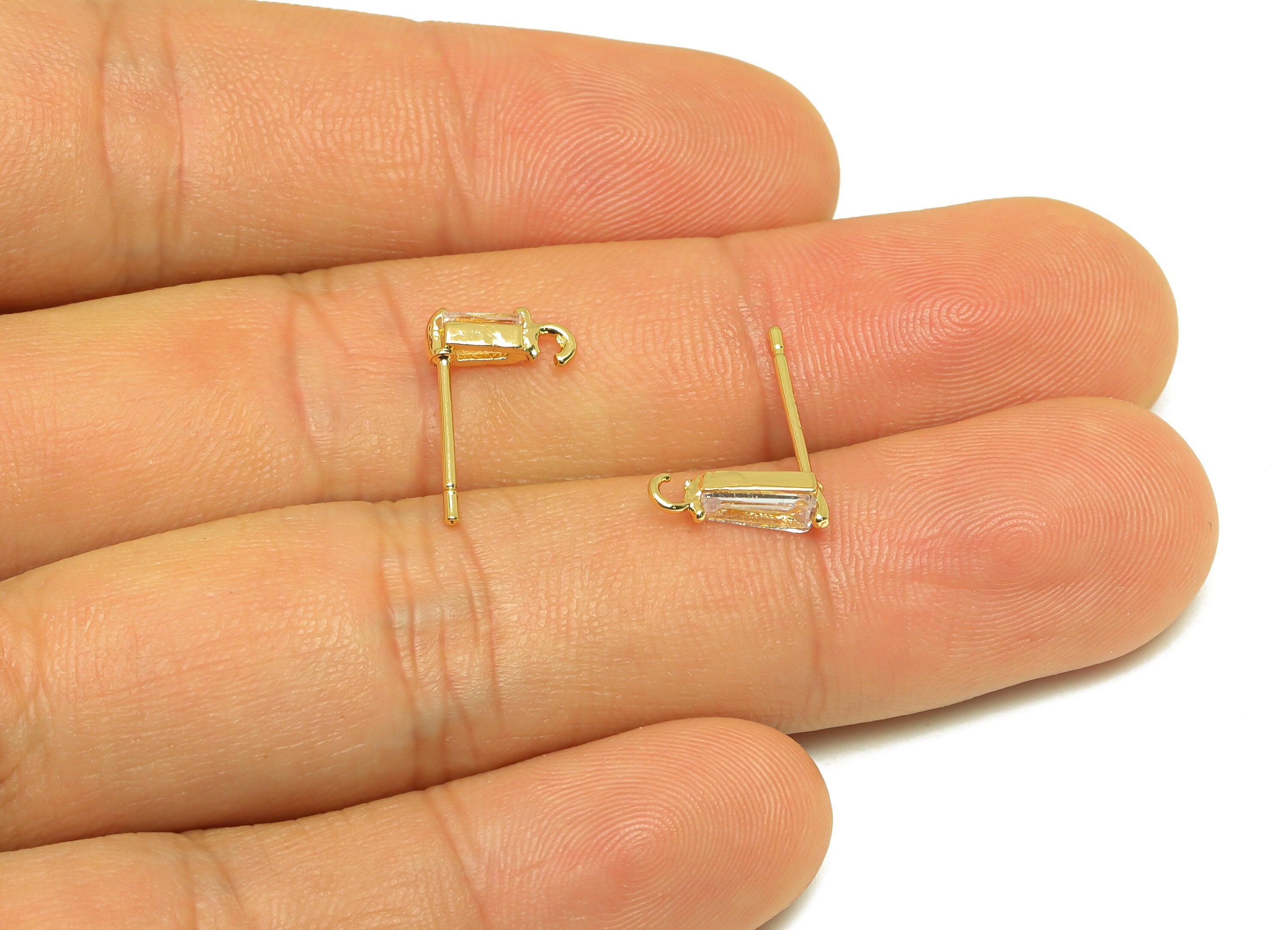 Brass CZ Rectangle Earring Stud - Brass Cubic Zircon Post With Open Loop - Zircon Earring Post - 18K Real Gold Plating - 15x7x3mm - RGP7094 - DOMEDBAZAAR