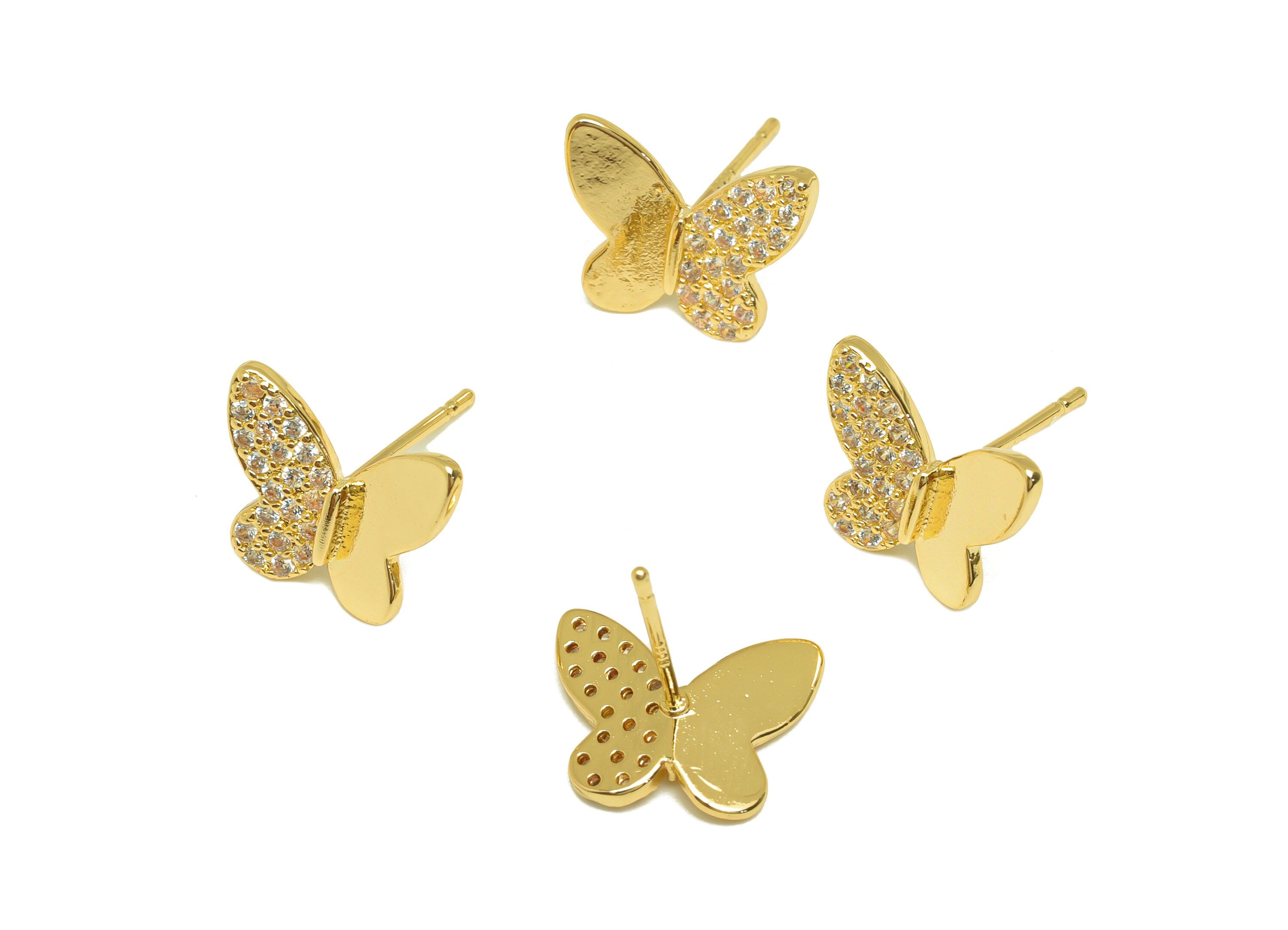 Brass CZ Butterfly Earring Stud - Brass Cubic Zircon Post - Brass CZ Butterfly Earring Post - 18K Real Gold Plating - 13x11x1.63mm - RGP7091 - DOMEDBAZAAR