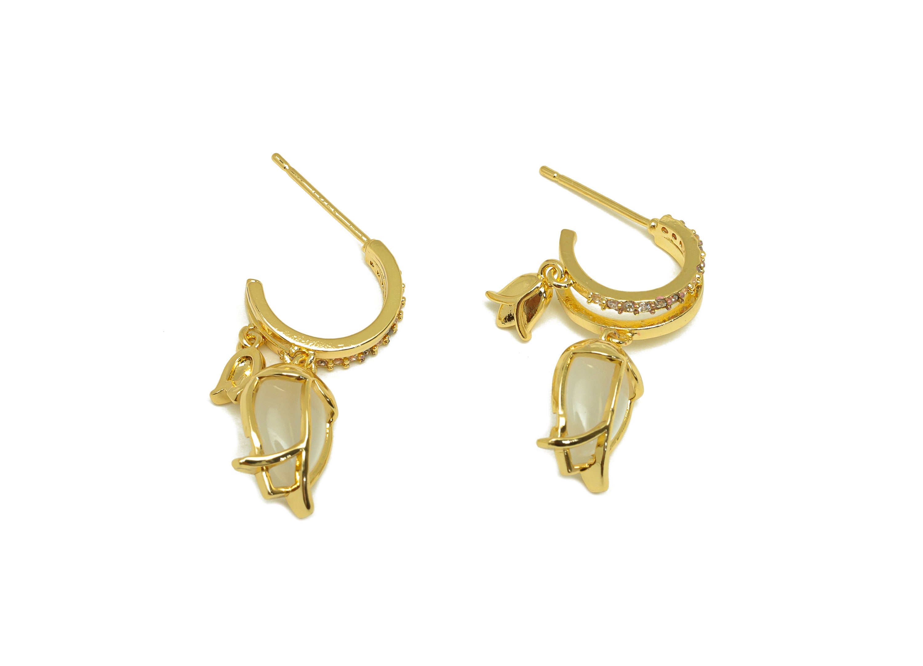 Brass CZ Hoop Earring Stud - Brass Cubic Zircon Post - Brass Dangle Tulip Earring Post - 18K Real Gold Plating - 27.3x7.9x13.45mm - RGP7087 - DOMEDBAZAAR