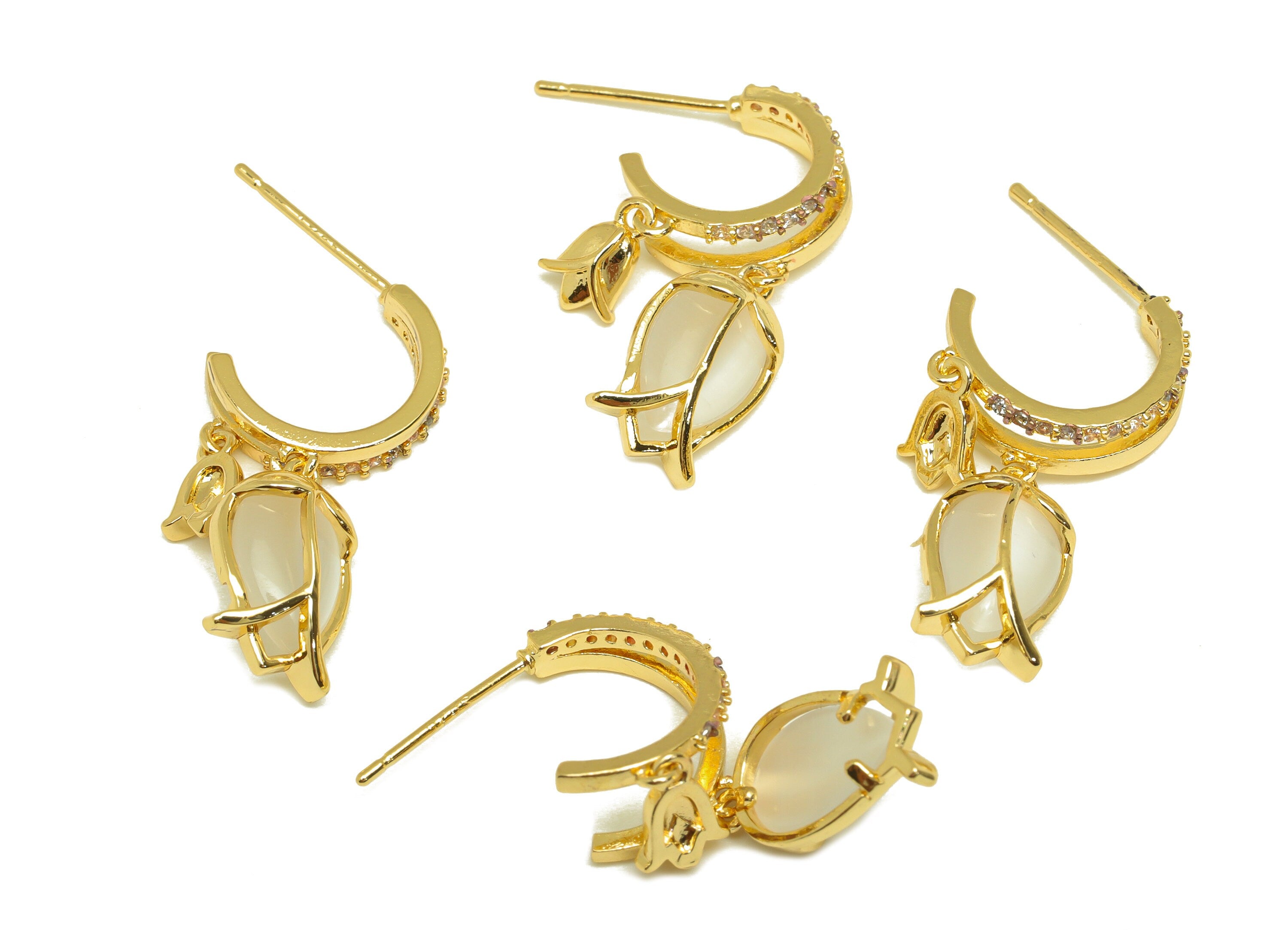Brass CZ Hoop Earring Stud - Brass Cubic Zircon Post - Brass Dangle Tulip Earring Post - 18K Real Gold Plating - 27.3x7.9x13.45mm - RGP7087 - DOMEDBAZAAR
