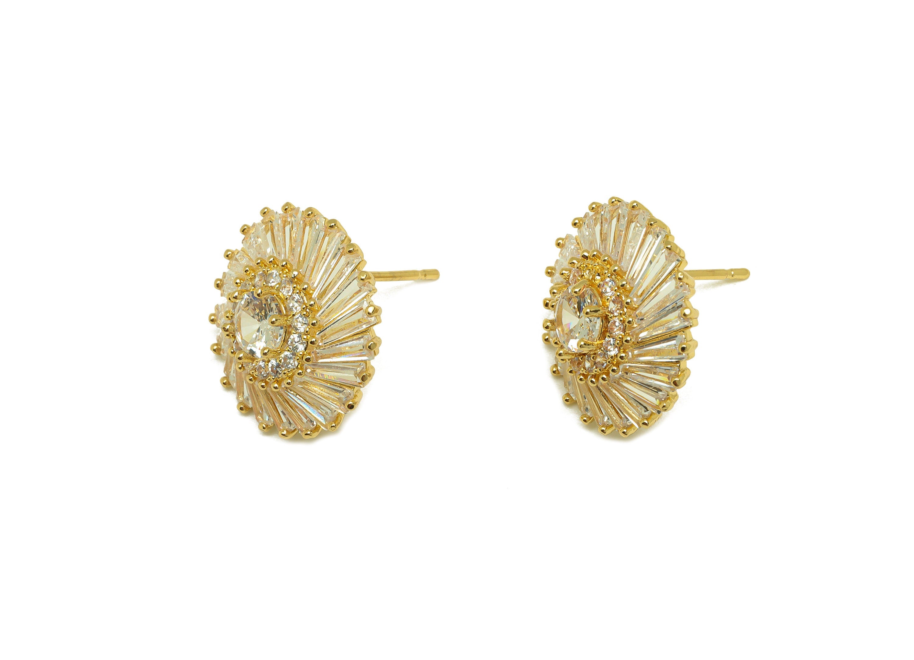 Brass CZ Round Earring Stud - Brass Cubic Zircon Post - Brass Trapezoid Earring Post - 18K Real Gold Plating - 18.52x18.12x6.94mm - RGP7090 - DOMEDBAZAAR