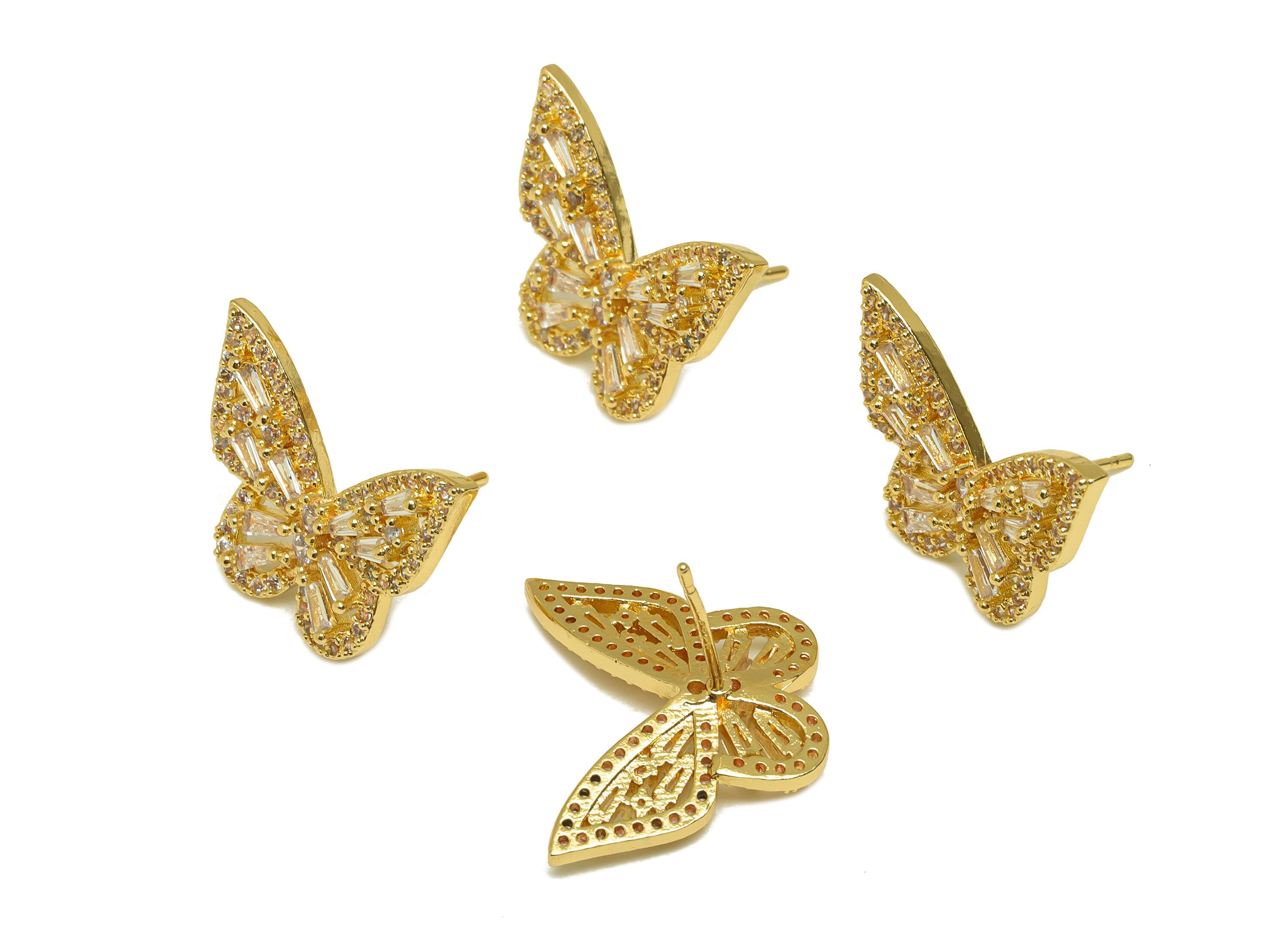 Brass CZ Butterfly Earring Stud - Brass Cubic Zircon Post - Brass CZ Butterfly Earring Post - 18K Real Gold Plating - 20.7x16x3mm - RGP7093 - DOMEDBAZAAR