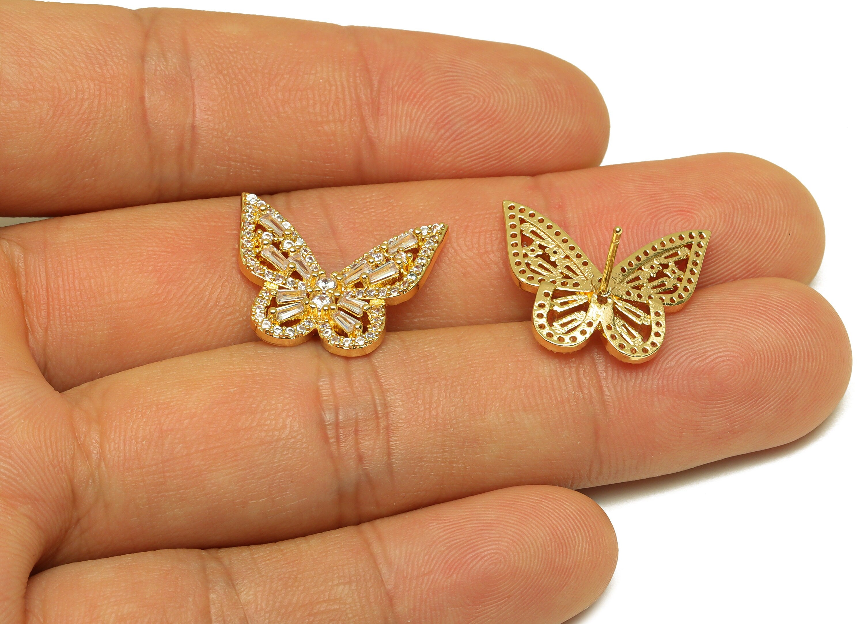 Brass CZ Butterfly Earring Stud - Brass Cubic Zircon Post - Brass CZ Butterfly Earring Post - 18K Real Gold Plating - 20.7x16x3mm - RGP7093 - DOMEDBAZAAR