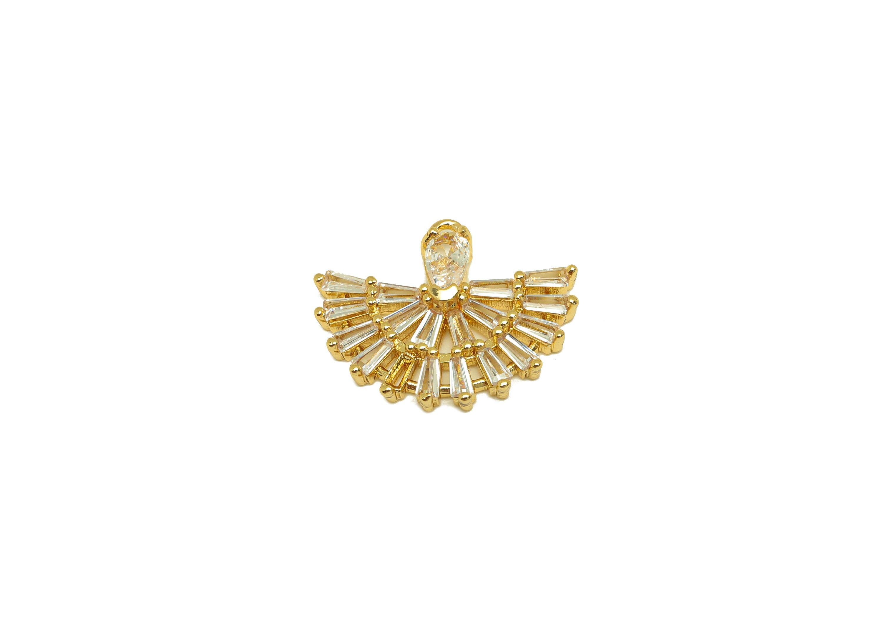 Brass CZ Fan Earring Charm - Brass Teardrop Cubic Zircon Charm - Zircon Earring Charm - 18K Real Gold Plating - 17.86x14.76x3mm - RGP7083 - DOMEDBAZAAR