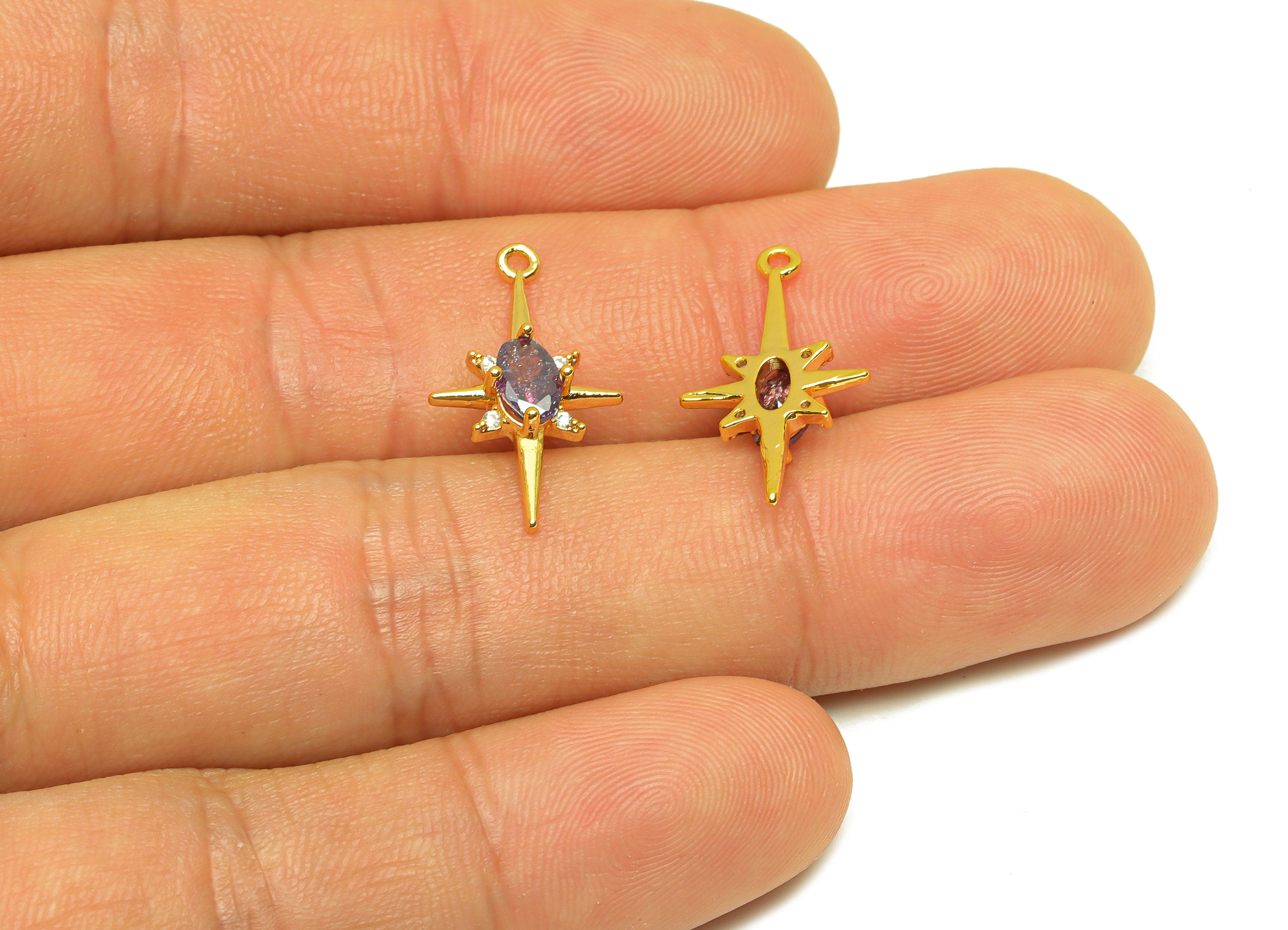 Brass CZ Star Earring Charm - Brass Purple Cubic Zircon Charm - North Star Earring Charm - 18K Real Gold Plating - 21.1x12.17x3mm - RGP7089 - DOMEDBAZAAR