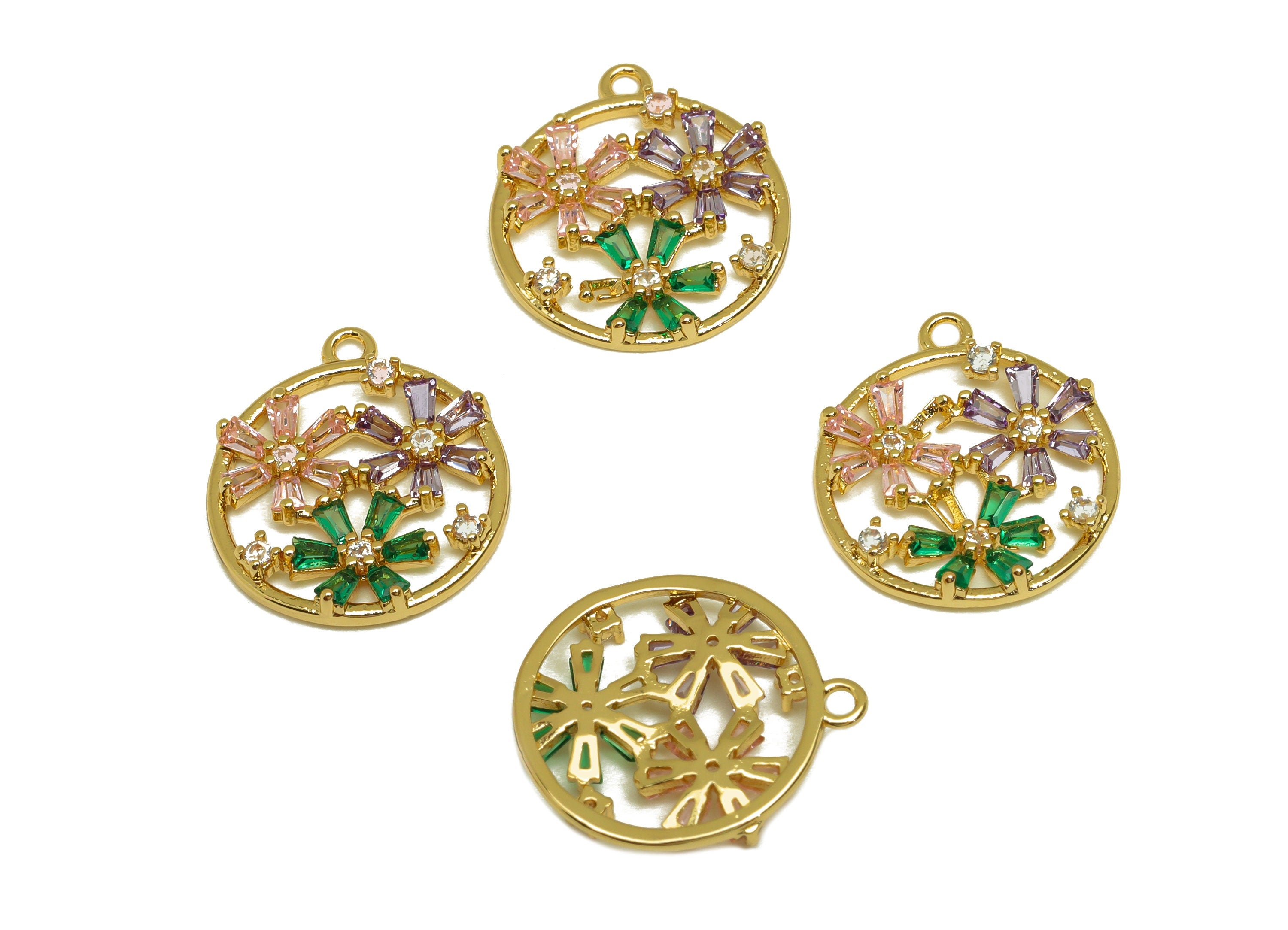 Brass CZ Flower Earring Charm - Brass Round Cubic Zircon Charm - Rainbow Earring Charm - 18K Real Gold Plating - 21.1x12.17x3mm - RGP7088 - DOMEDBAZAAR