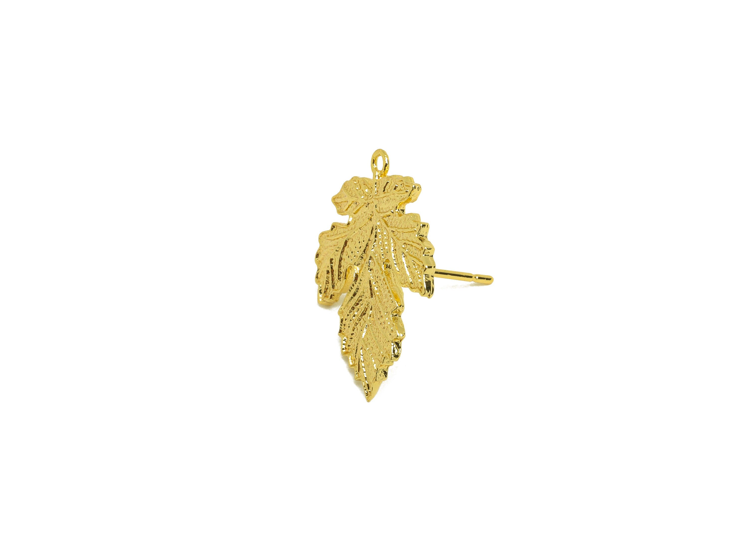 Brass Mape Leaf Earring Stud - Brass Textured Leaf Earring Post - Leaf Earring Post With Loop - 18K Real Gold Plating - 20x18x1mm - RGP6791 - DOMEDBAZAAR