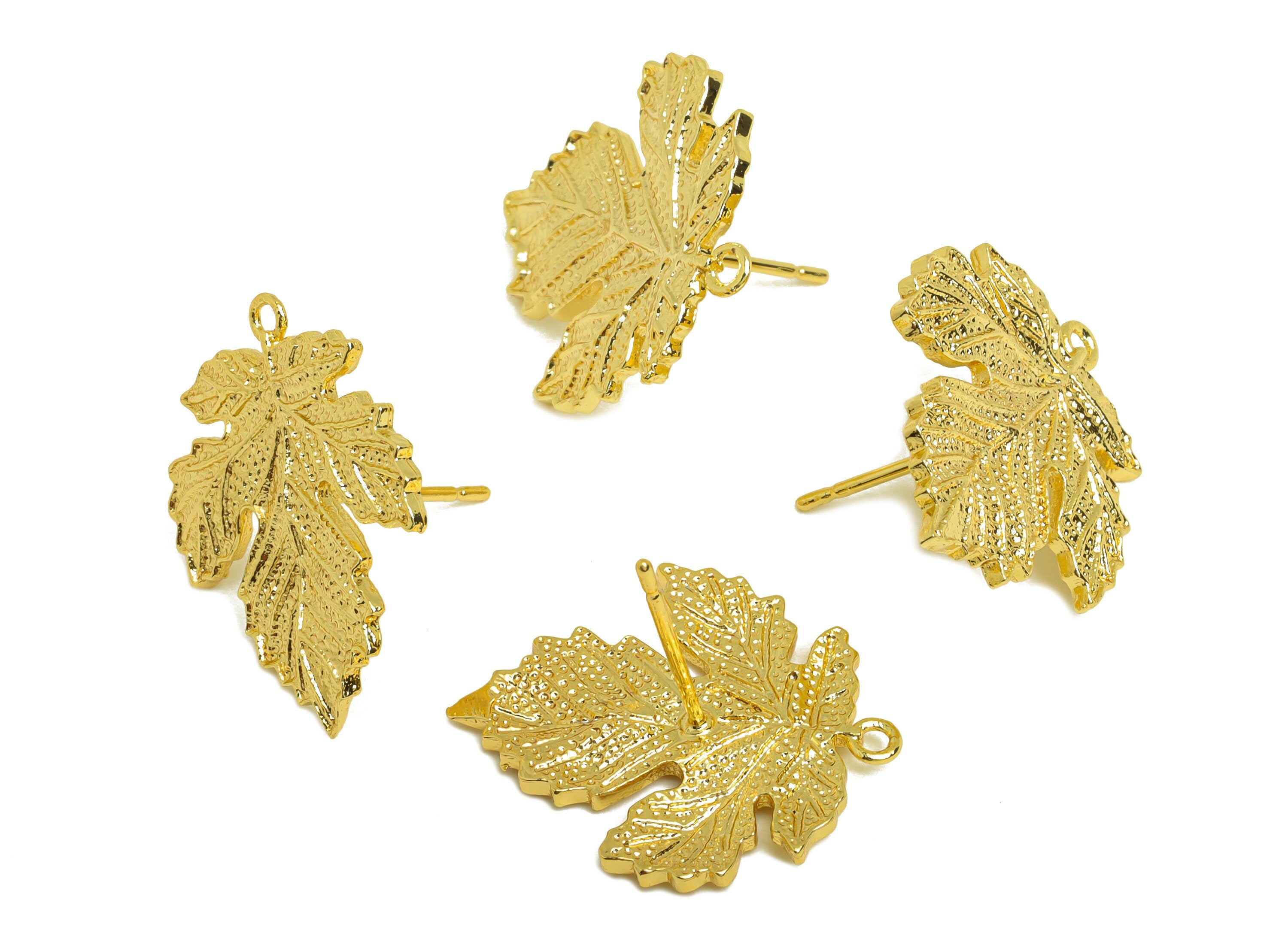 Brass Mape Leaf Earring Stud - Brass Textured Leaf Earring Post - Leaf Earring Post With Loop - 18K Real Gold Plating - 20x18x1mm - RGP6791 - DOMEDBAZAAR