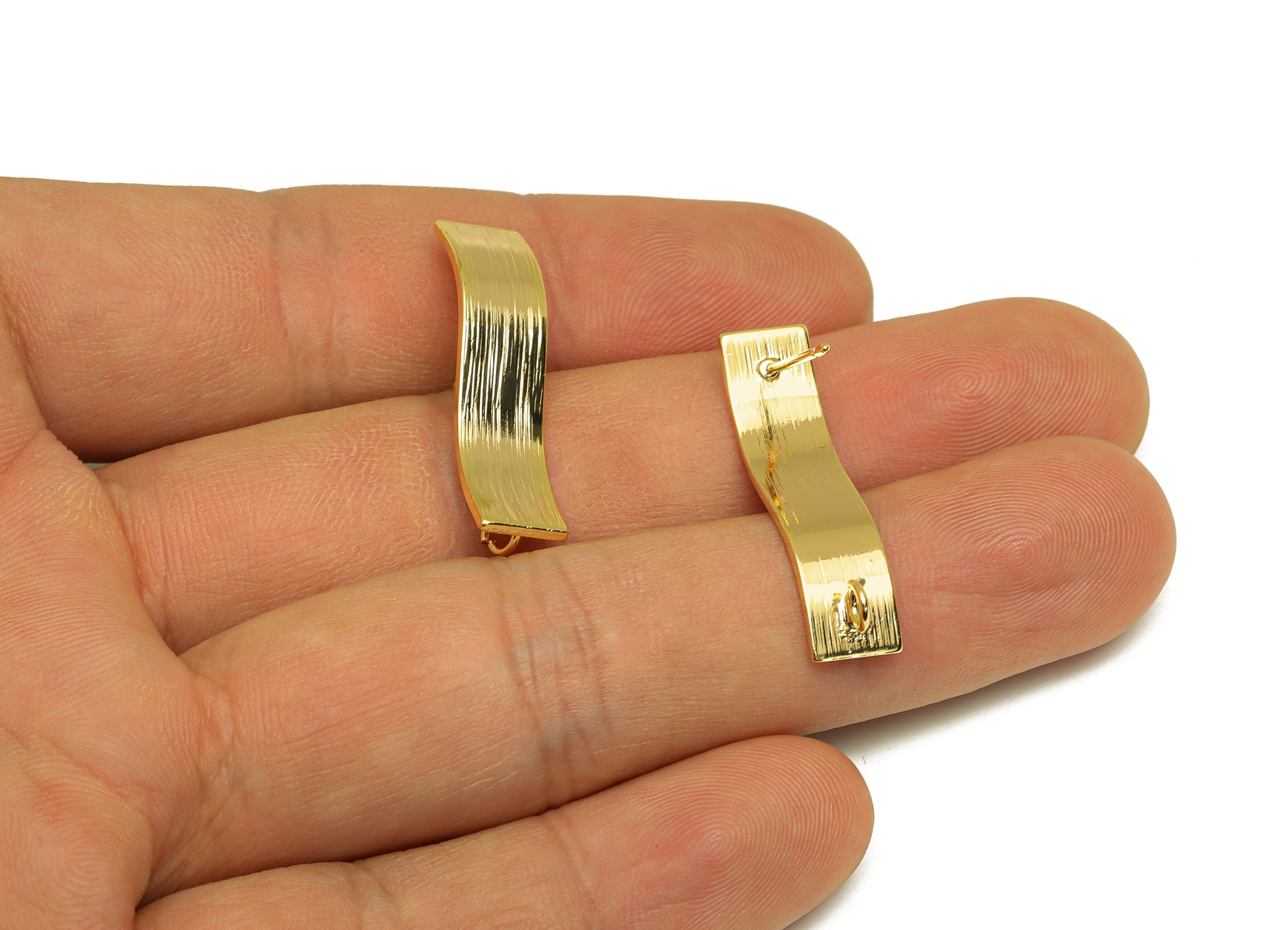 Brass Rectangle Earring Stud - Brass Wavy Textured Earring Post - Earring Post With Loop - 18K Real Gold Plating - 29.15x7x0.7mm - RGP6799 - DOMEDBAZAAR
