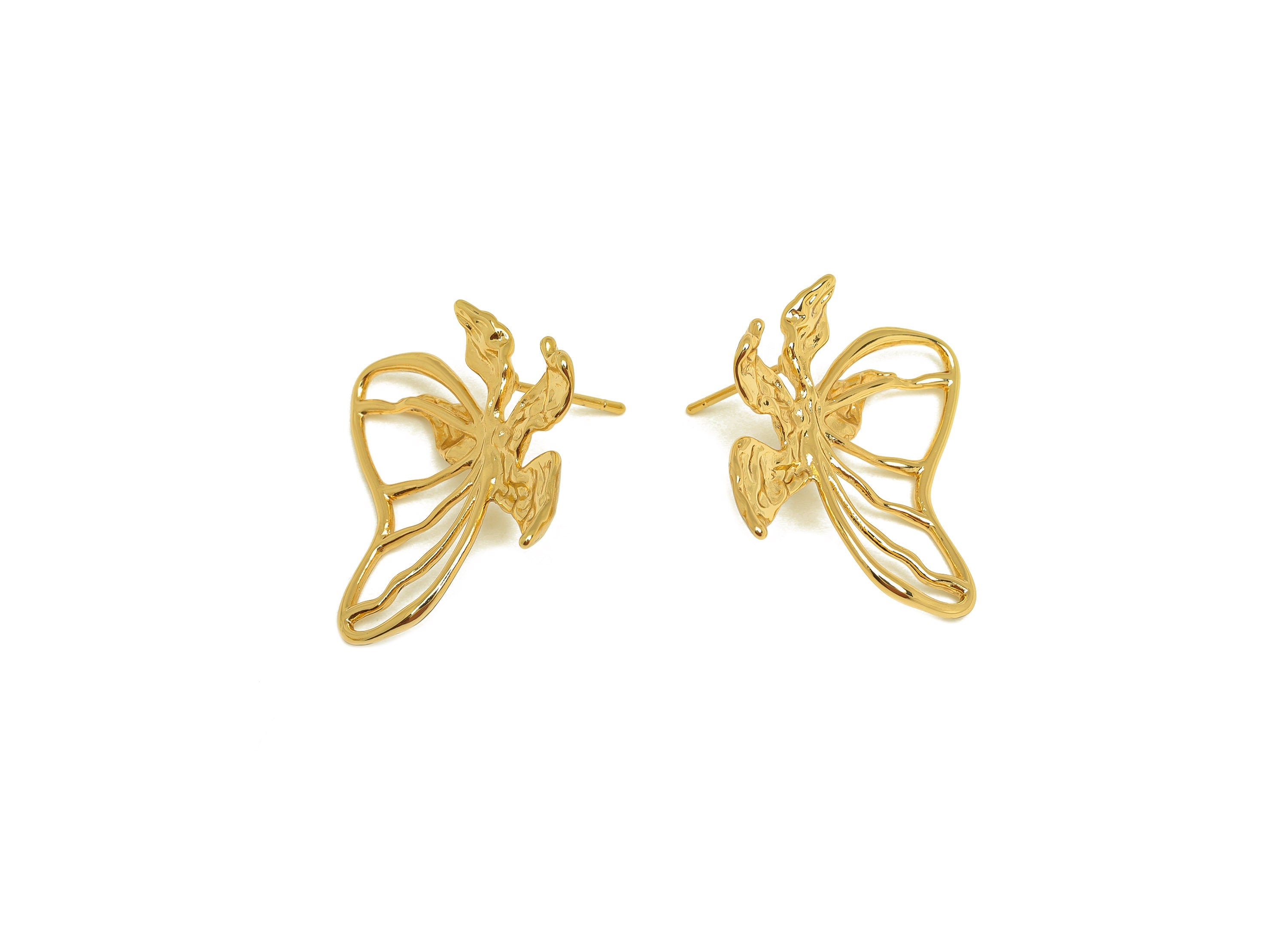 Brass Butterfly Earring Stud - Brass Hollow Butterfly Earring Post - Splicing Textured Post - 18K Real Gold Plating - 30x24x0.75mm - RGP6802 - DOMEDBAZAAR