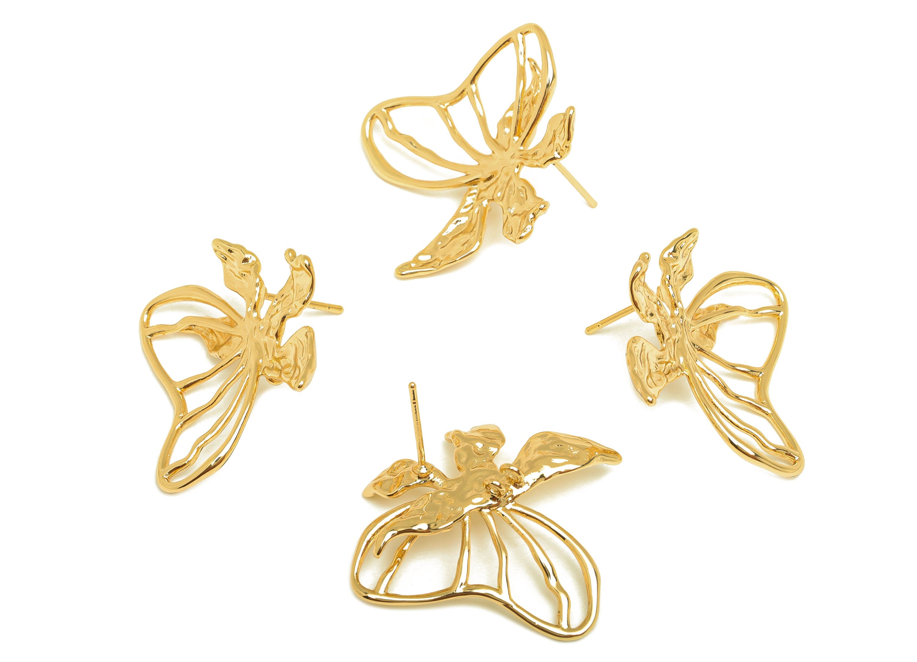 Brass Butterfly Earring Stud - Brass Hollow Butterfly Earring Post - Splicing Textured Post - 18K Real Gold Plating - 30x24x0.75mm - RGP6802 - DOMEDBAZAAR