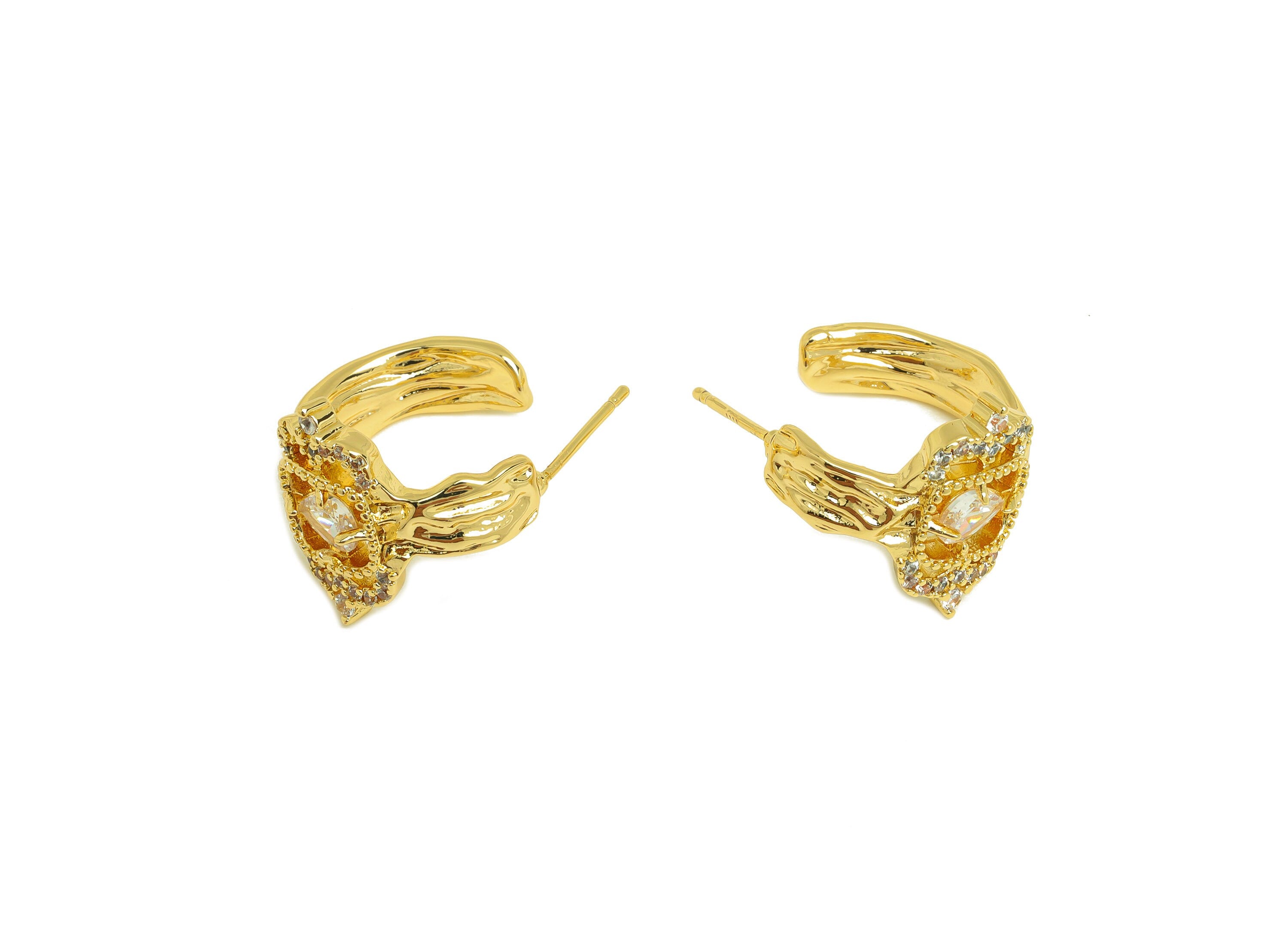 Brass Dorp Earring Stud - Brass Textured Teardrop Earring Post - Brass Cubic Zircon Earring Post - 18K Real Gold Plating - 24x21x1mm-RGP6819 - DOMEDBAZAAR