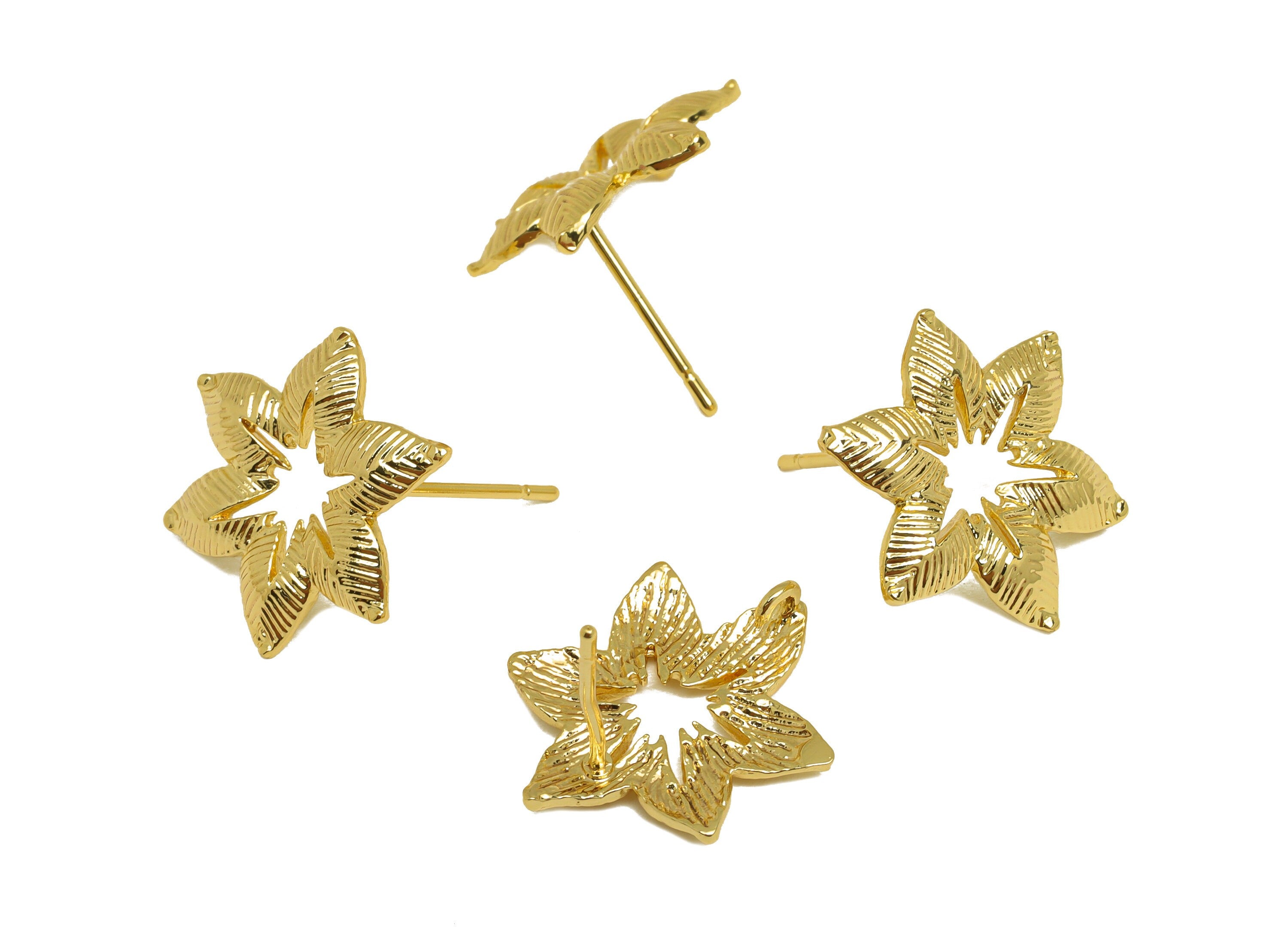 Brass Flower Earring Stud - Brass Textured Flower Earring Post - Brass Botanical Earring Post - 18K Real Gold Plating - 17x16x1mm - RGP6794 - DOMEDBAZAAR