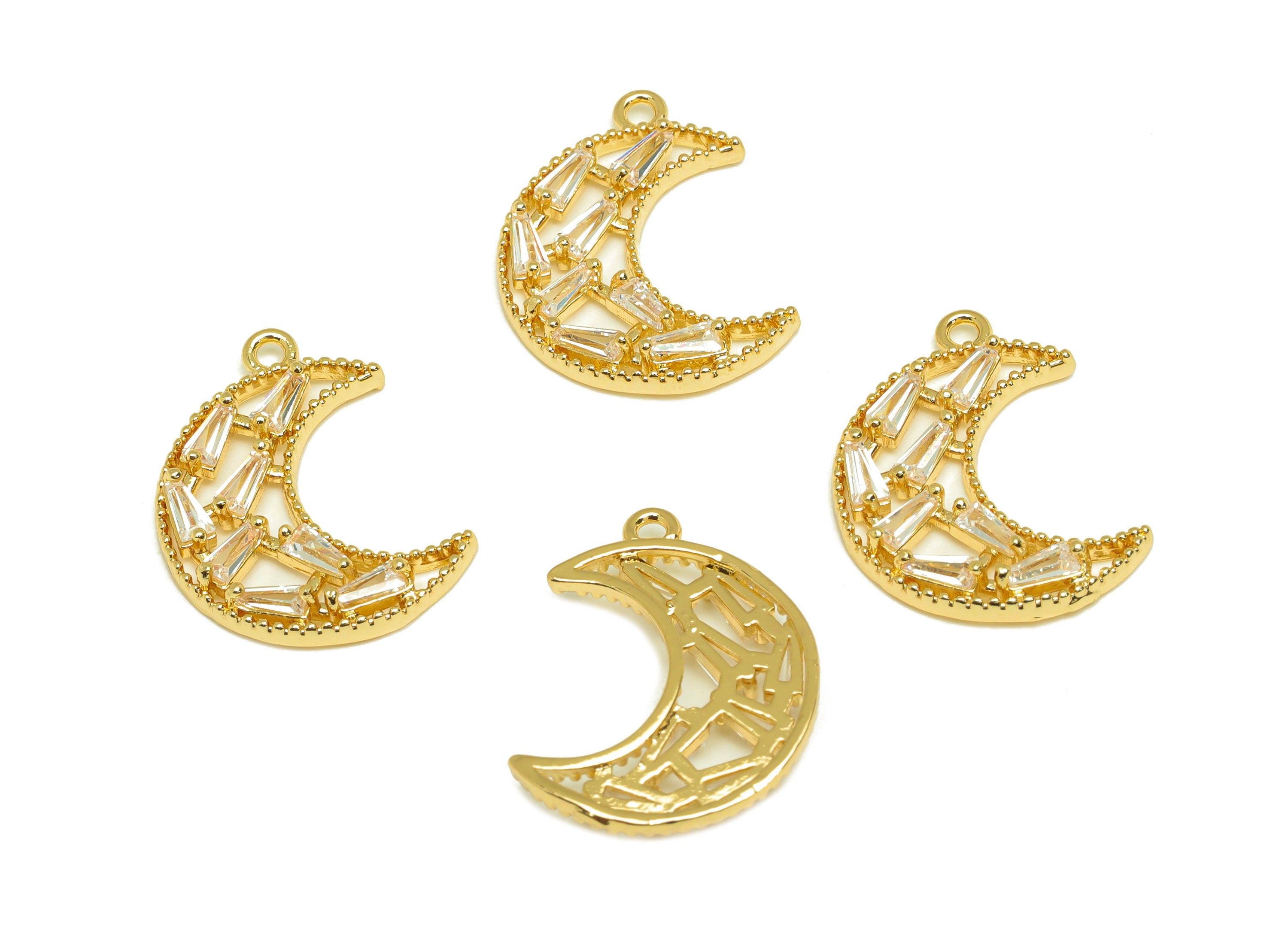 Brass CZ Crescent Earring Charm - Brass Moon Cubic Zircon Charm - Geometry CZ Pendant - 18K Real Gold Plating - 19.8x15x2.84mm - RGP7078 - DOMEDBAZAAR