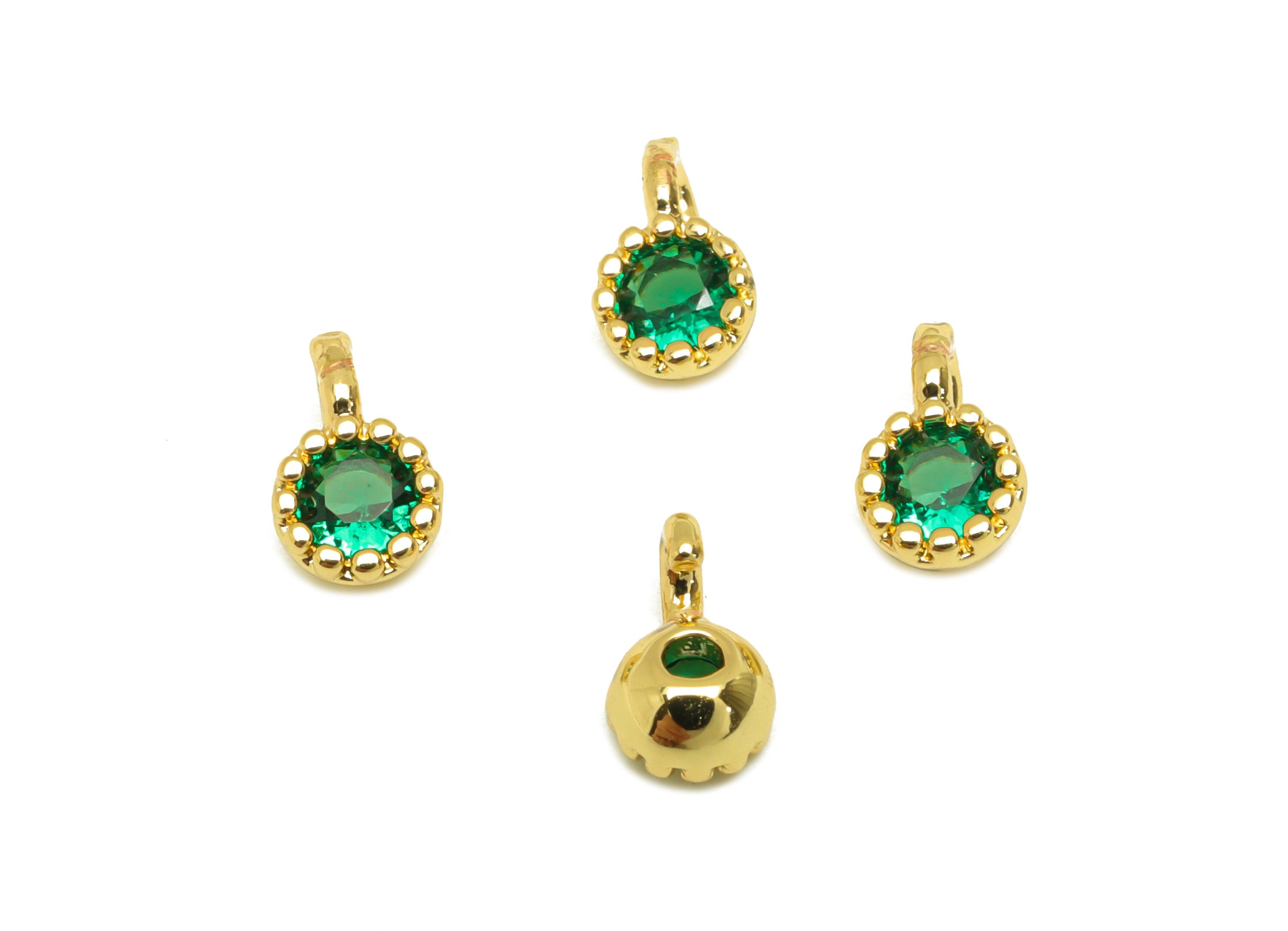 Brass CZ Green Earring Charm - Brass Round Cubic Zircon Charm - Mini Earring Charm - 18K Real Gold Plating - 7x4.23x2.6mm - RGP7108 - DOMEDBAZAAR