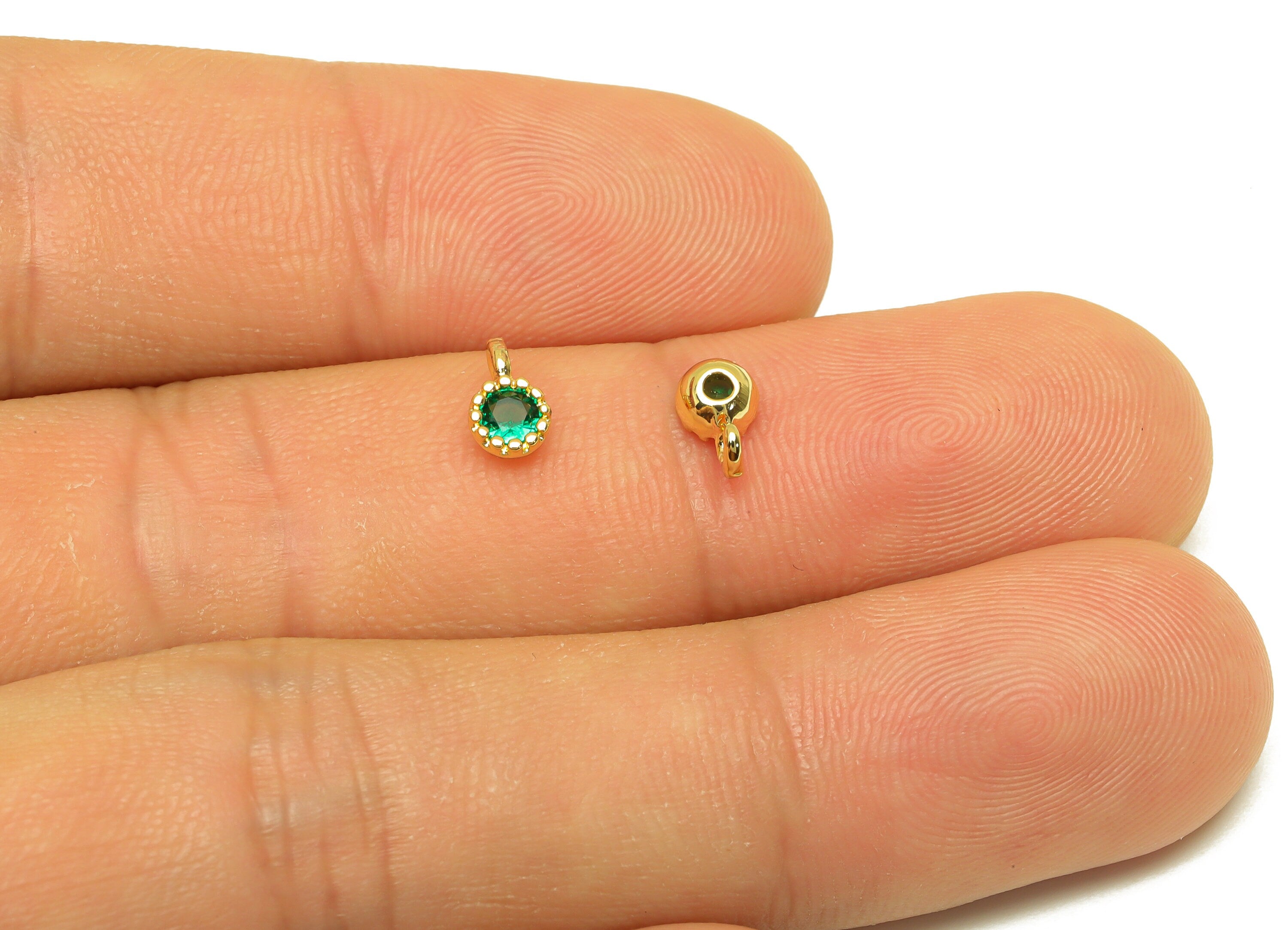 Brass CZ Green Earring Charm - Brass Round Cubic Zircon Charm - Mini Earring Charm - 18K Real Gold Plating - 7x4.23x2.6mm - RGP7108 - DOMEDBAZAAR