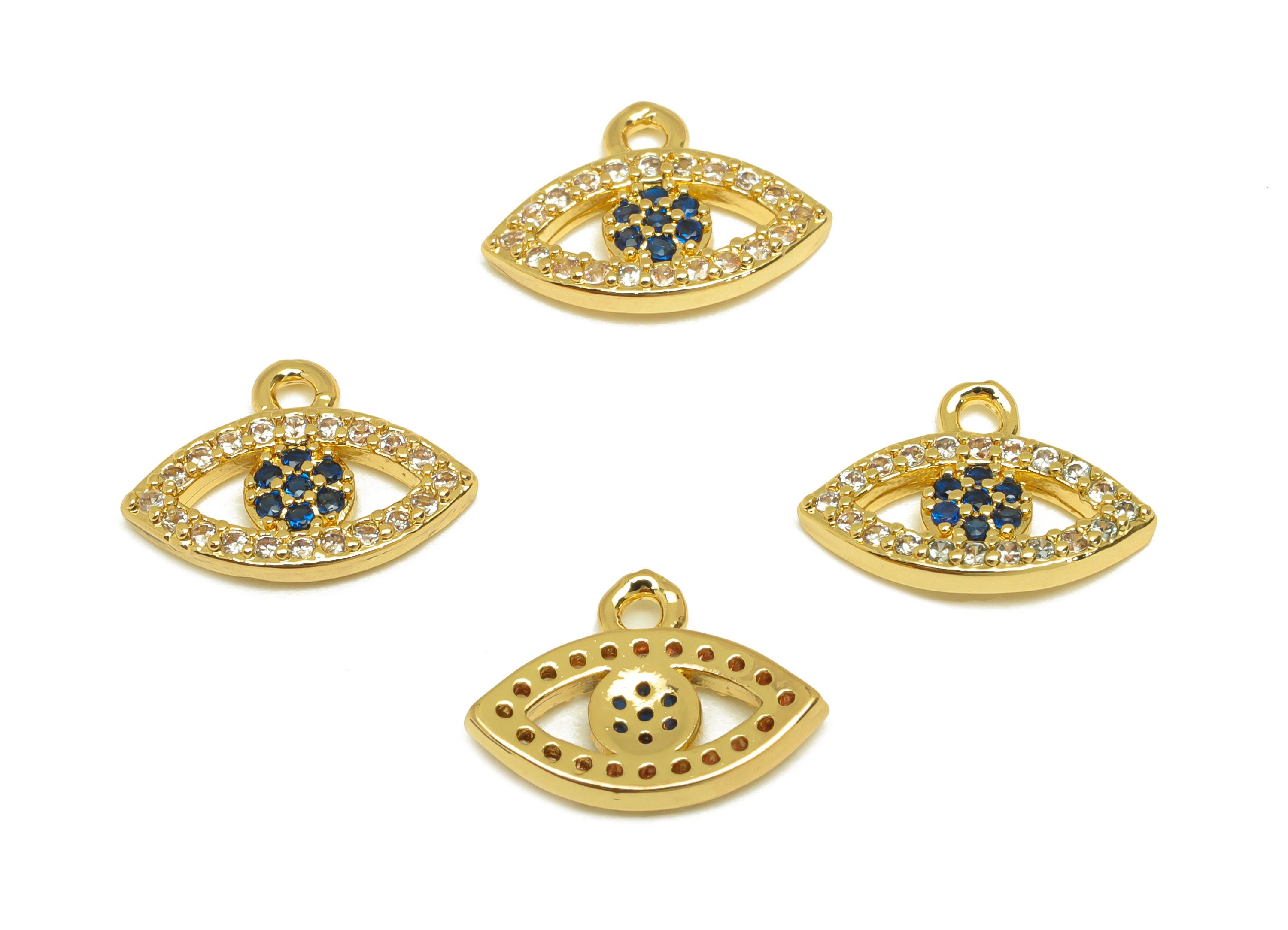 Brass CZ Eye Earring Charm - Brass Blue Eye Cubic Zircon Charm - Zircon Earring Charm - 18K Real Gold Plating - 13x9.7x1.82mm - RGP7081 - DOMEDBAZAAR
