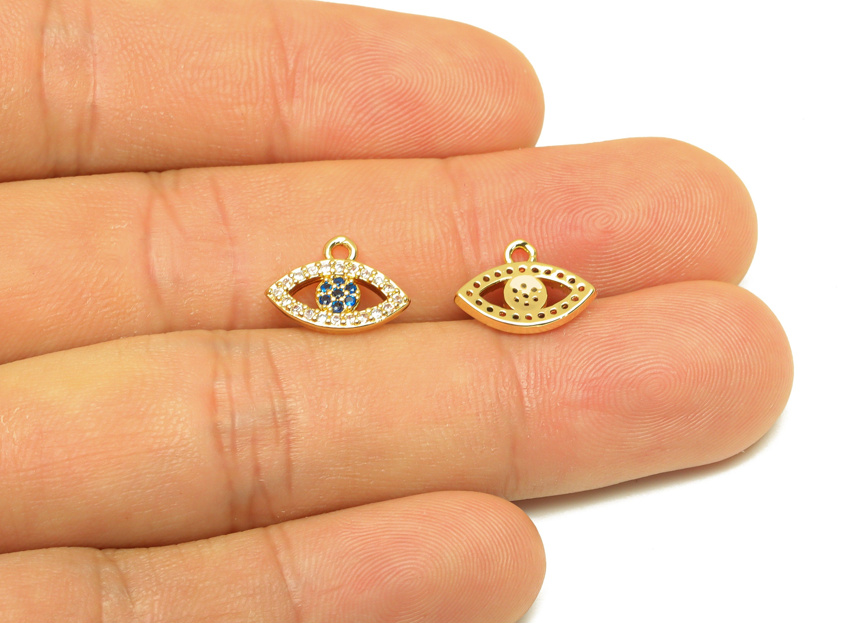 Brass CZ Eye Earring Charm - Brass Blue Eye Cubic Zircon Charm - Zircon Earring Charm - 18K Real Gold Plating - 13x9.7x1.82mm - RGP7081 - DOMEDBAZAAR