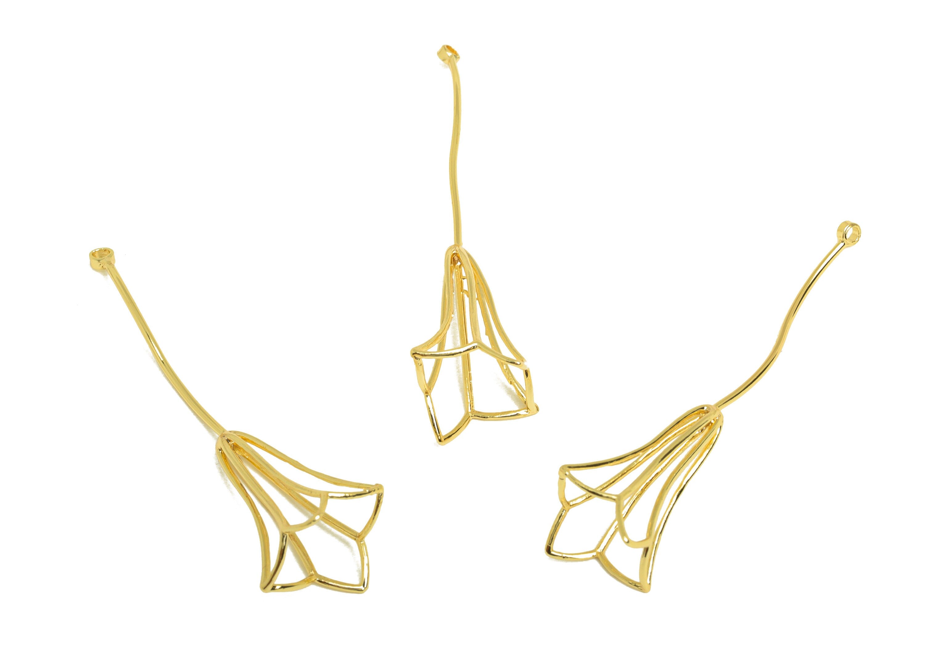 Brass Flower Earring Charm - Brass Hollow Wire Earring Charm -Brass Hollow Pendant For Pearl - 18K Real Gold Plating - 39x13x8mm - RGP6788 - DOMEDBAZAAR