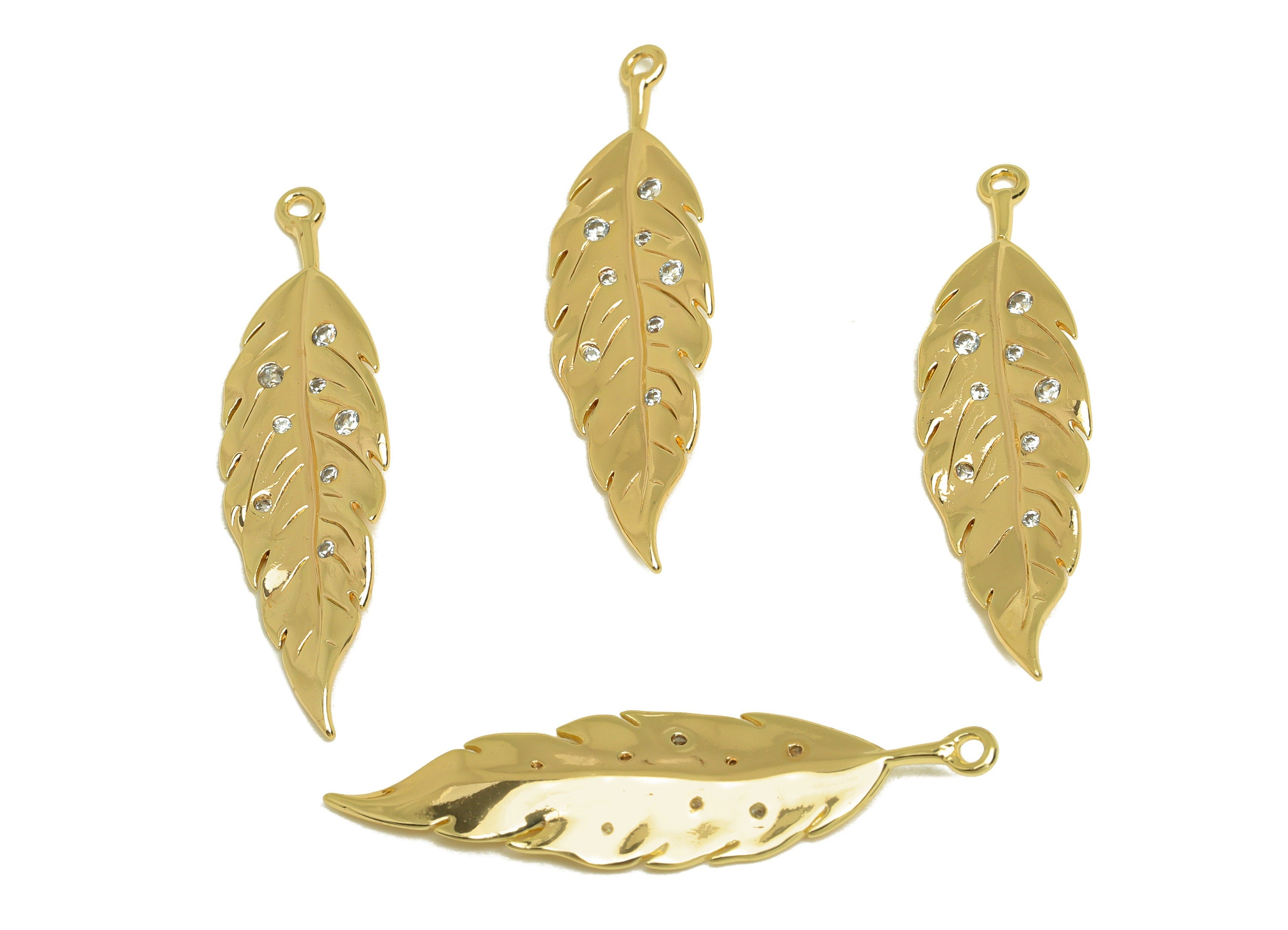 Brass Leaf Earring Charm - Brass Textured Leaf Earring Charm - Brass Botanical Pendant - 18K Real Gold Plating - 36x9x1.15mm - RGP6780 - DOMEDBAZAAR