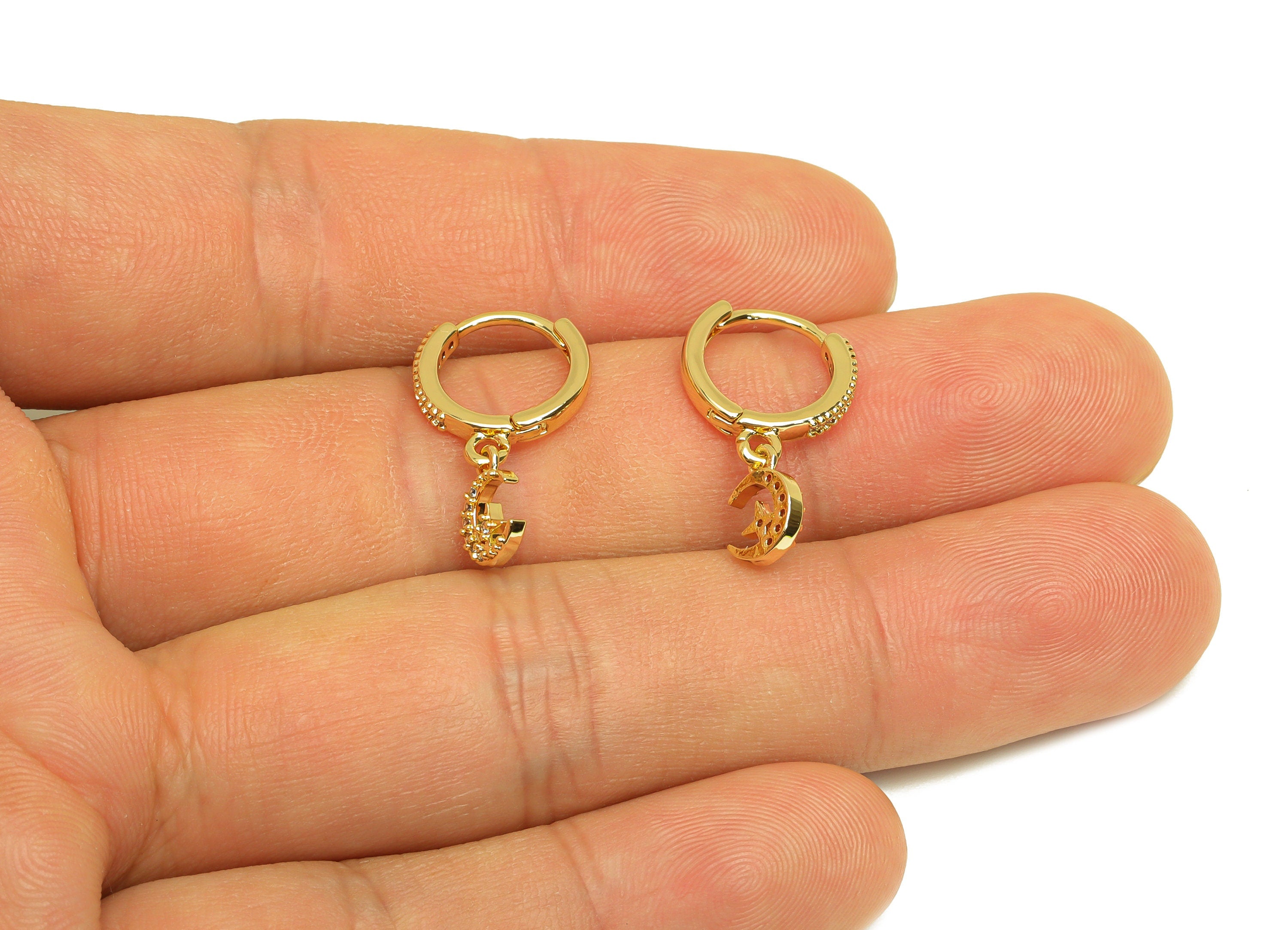 Brass CZ Hoop Earring - Brass Crescent Hoop Earring Clasp - Star Zircon Huggie Hoop Earring - 18K Real Gold Plating - 19.1x12x2mm - RGP6928 - DOMEDBAZAAR
