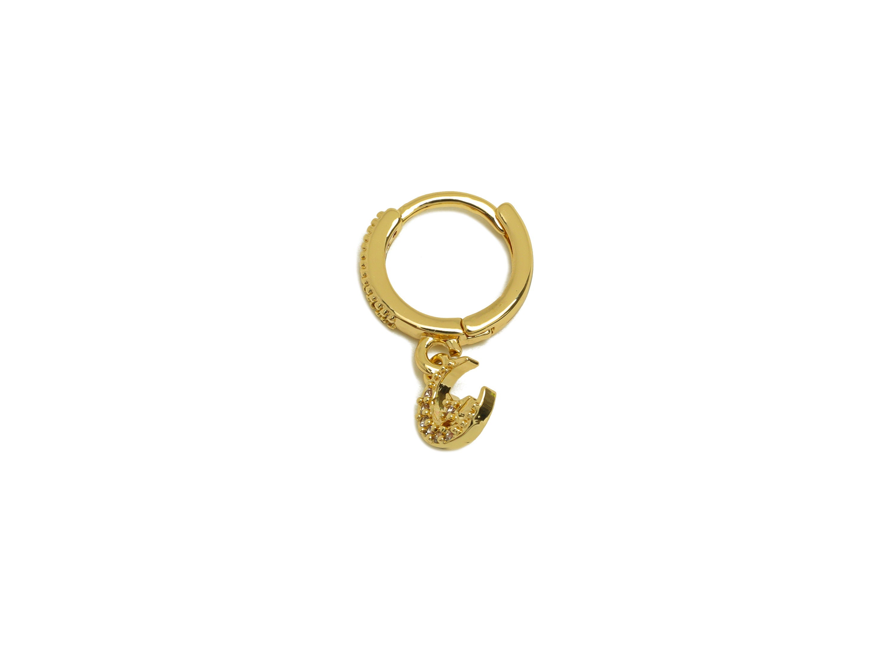 Brass CZ Hoop Earring - Brass Crescent Hoop Earring Clasp - Star Zircon Huggie Hoop Earring - 18K Real Gold Plating - 19.1x12x2mm - RGP6928 - DOMEDBAZAAR