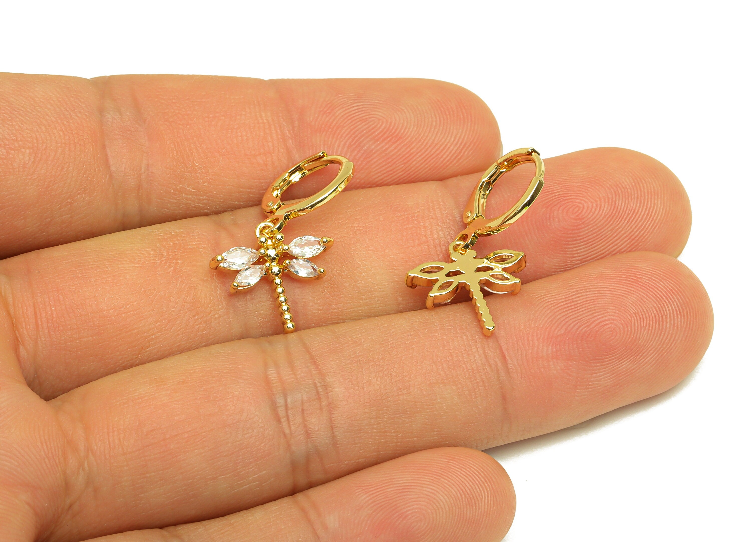 Brass Hoop Earring - Brass Dragonfly Lever Back Earring Hoop - Cubic Zircon Hoop Earring - 18K Real Gold Plating - 26.04x11.44x1mm -RGP6934 - DOMEDBAZAAR