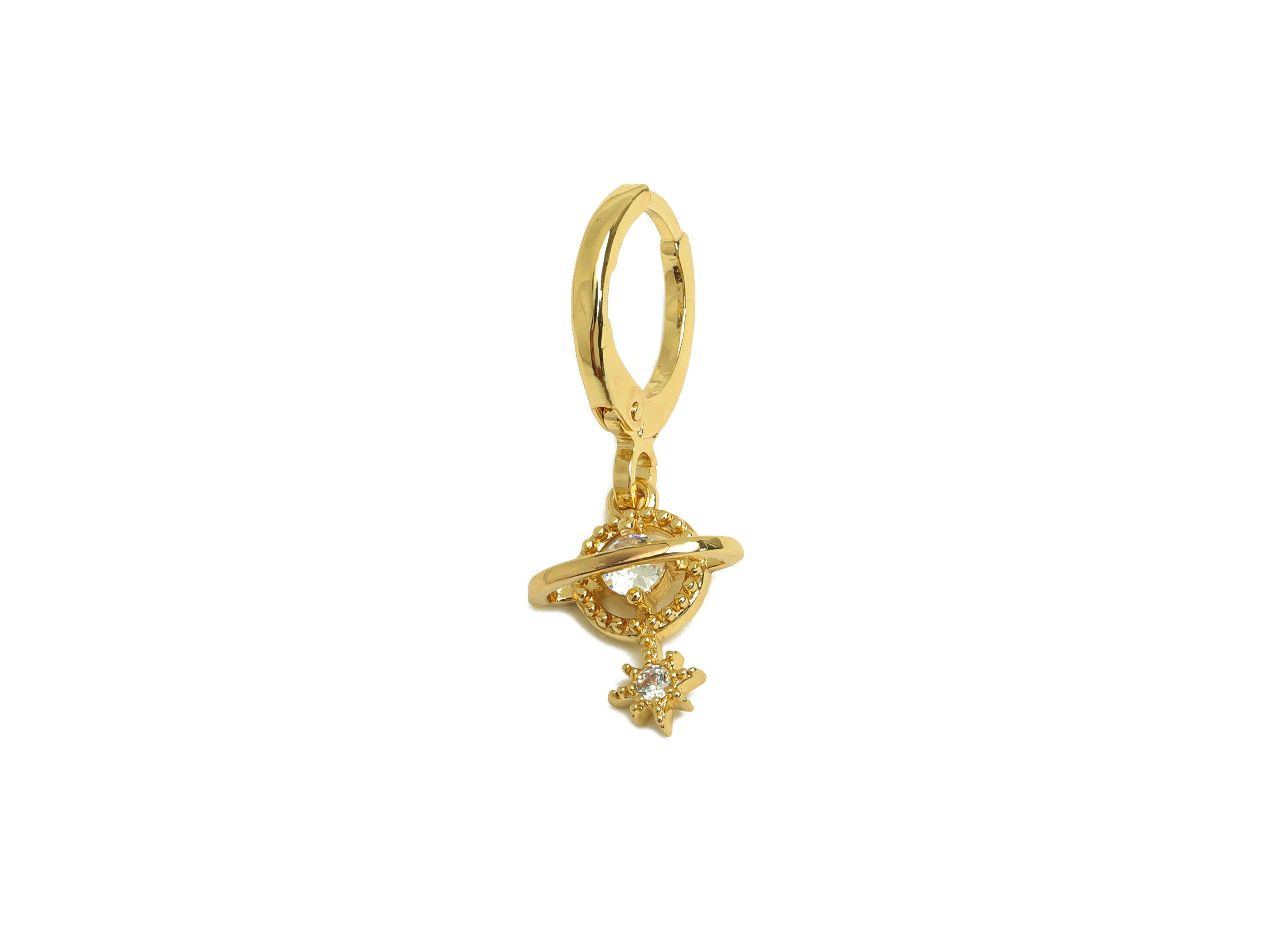 Brass Hoop Earring - Brass Planet Lever Back Earring Hoop - Star Zircon Hoop Earring - 18K Real Gold Plating - 25.89x11.44x1.7mm - RGP6940 - DOMEDBAZAAR