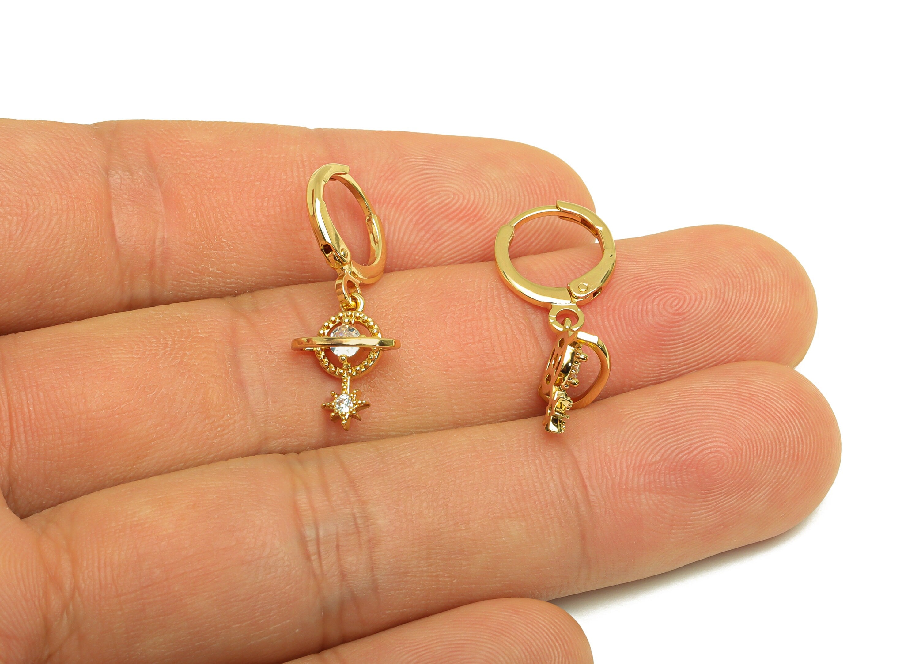 Brass Hoop Earring - Brass Planet Lever Back Earring Hoop - Star Zircon Hoop Earring - 18K Real Gold Plating - 25.89x11.44x1.7mm - RGP6940 - DOMEDBAZAAR