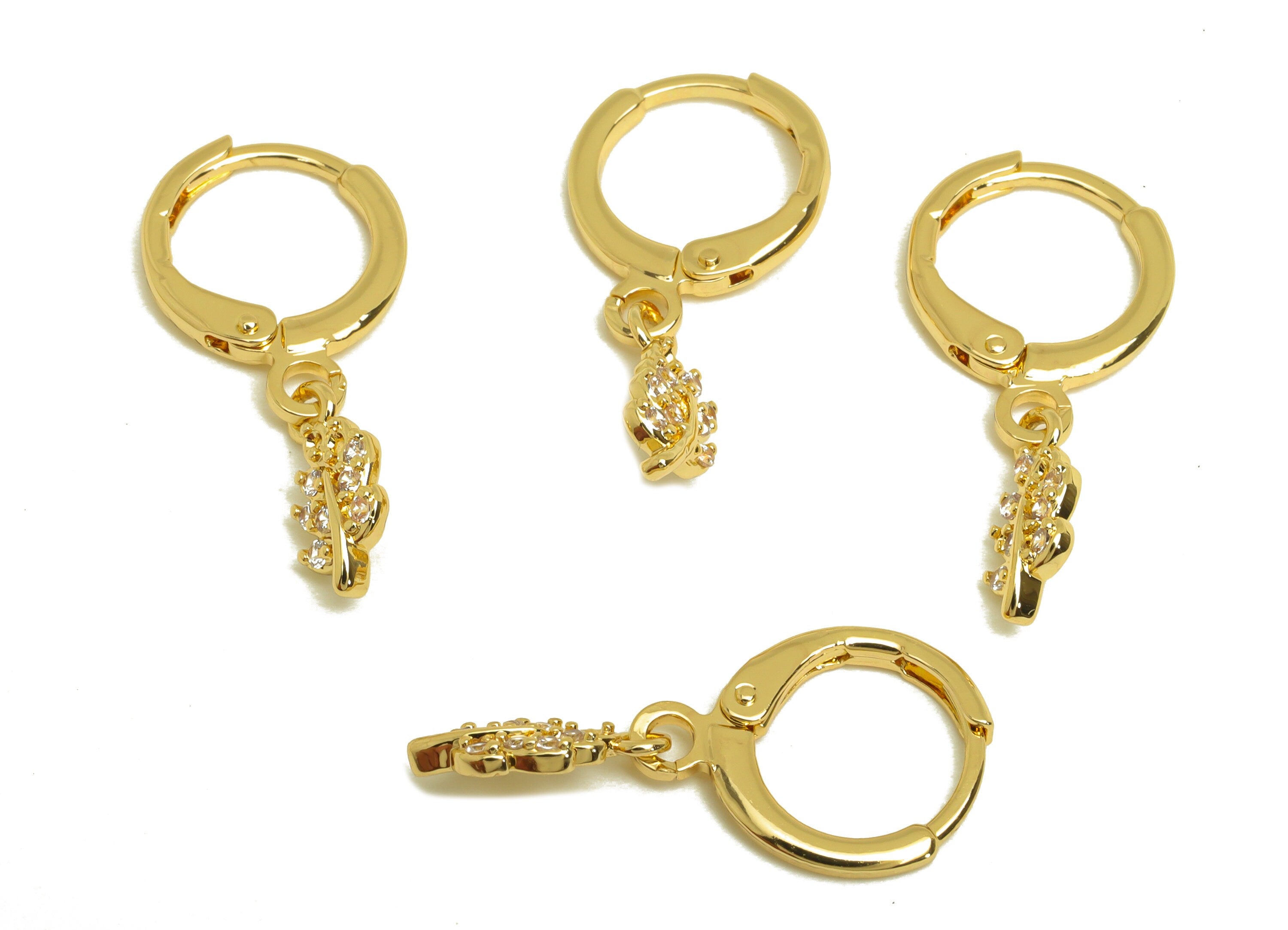 Brass Hoop Earring - Brass Leaf Lever Back Earring Hoop - Botanical Zircon Hoop Earring - 18K Real Gold Plating - 22x11.44x1.27mm - RGP6970 - DOMEDBAZAAR