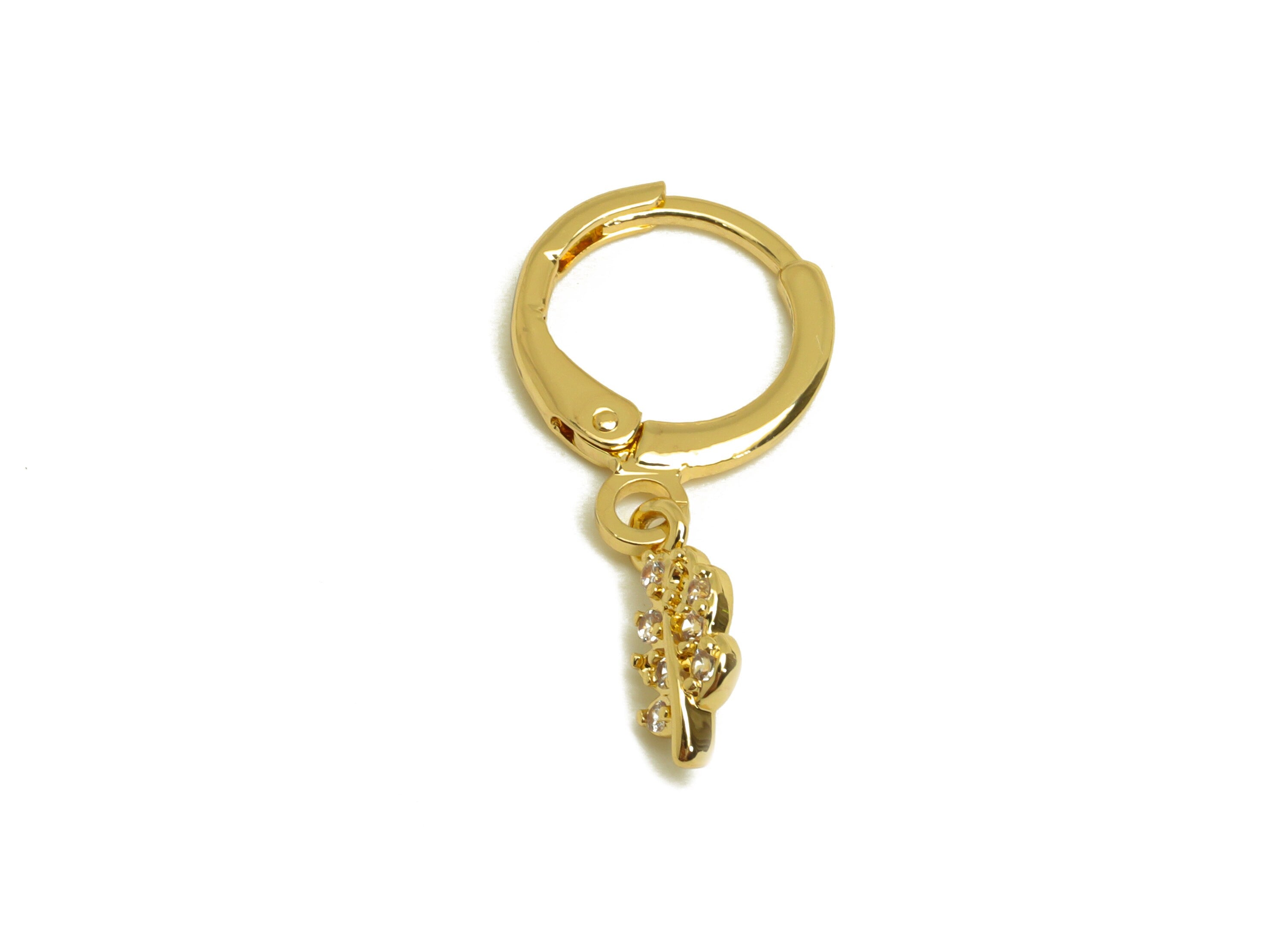 Brass Hoop Earring - Brass Leaf Lever Back Earring Hoop - Botanical Zircon Hoop Earring - 18K Real Gold Plating - 22x11.44x1.27mm - RGP6970 - DOMEDBAZAAR