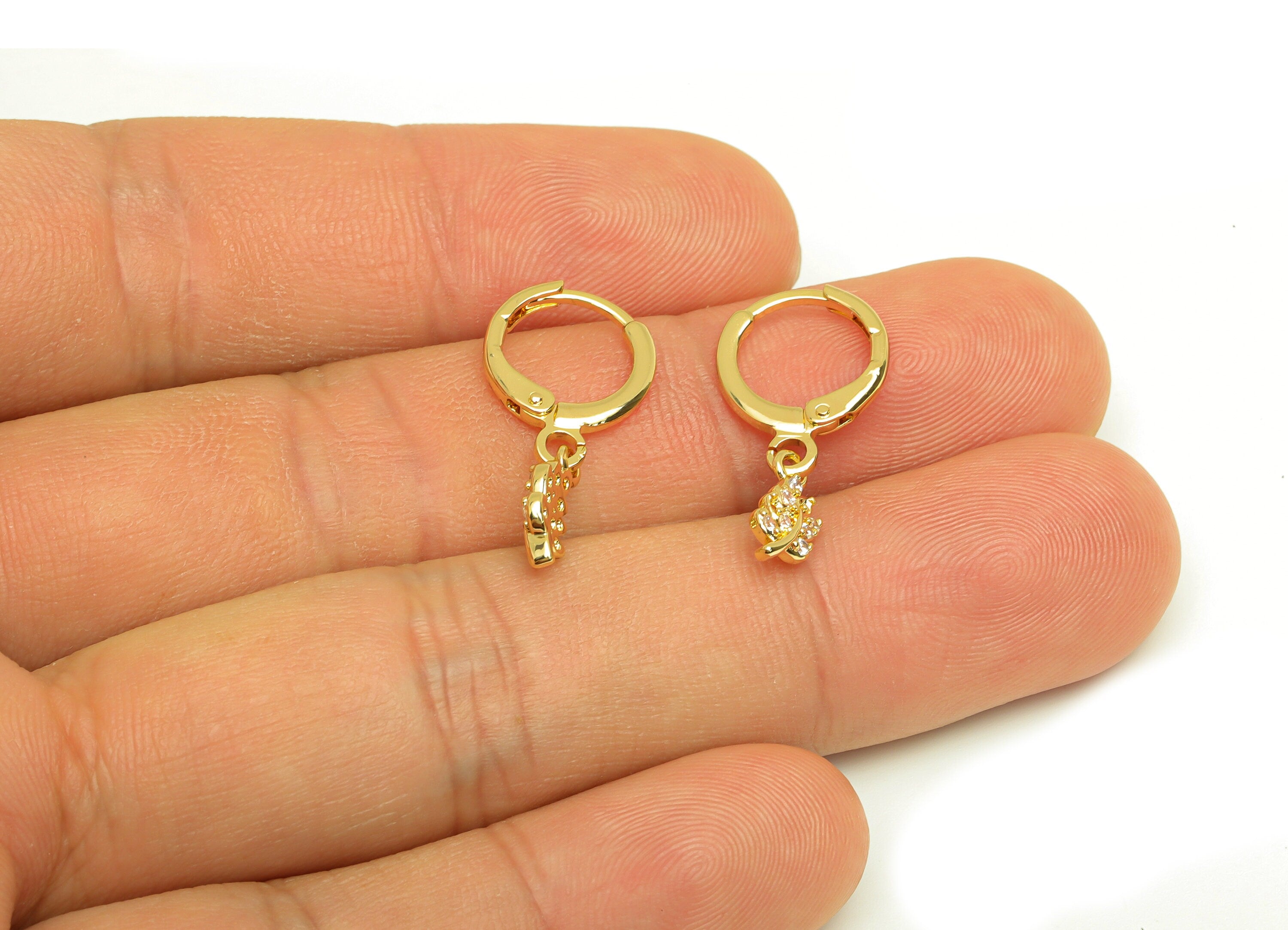 Brass Hoop Earring - Brass Leaf Lever Back Earring Hoop - Botanical Zircon Hoop Earring - 18K Real Gold Plating - 22x11.44x1.27mm - RGP6970 - DOMEDBAZAAR