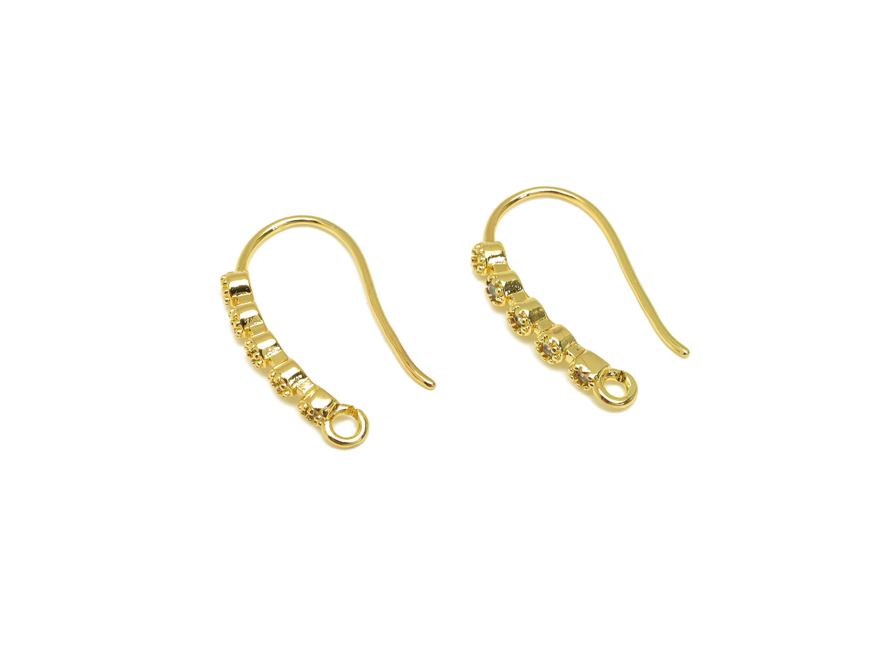 Brass Earring Hook - Brass Long Beaded Zircon Earring Wire With Loop - Brass Earring Wire Hook - 18K Real Gold Plating - 19x11x2mm - RGP7121 - DOMEDBAZAAR