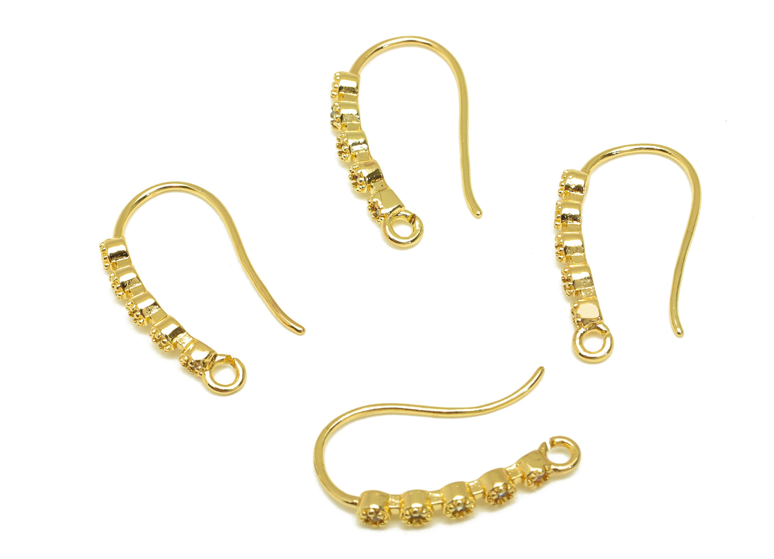 Brass Earring Hook - Brass Long Beaded Zircon Earring Wire With Loop - Brass Earring Wire Hook - 18K Real Gold Plating - 19x11x2mm - RGP7121 - DOMEDBAZAAR