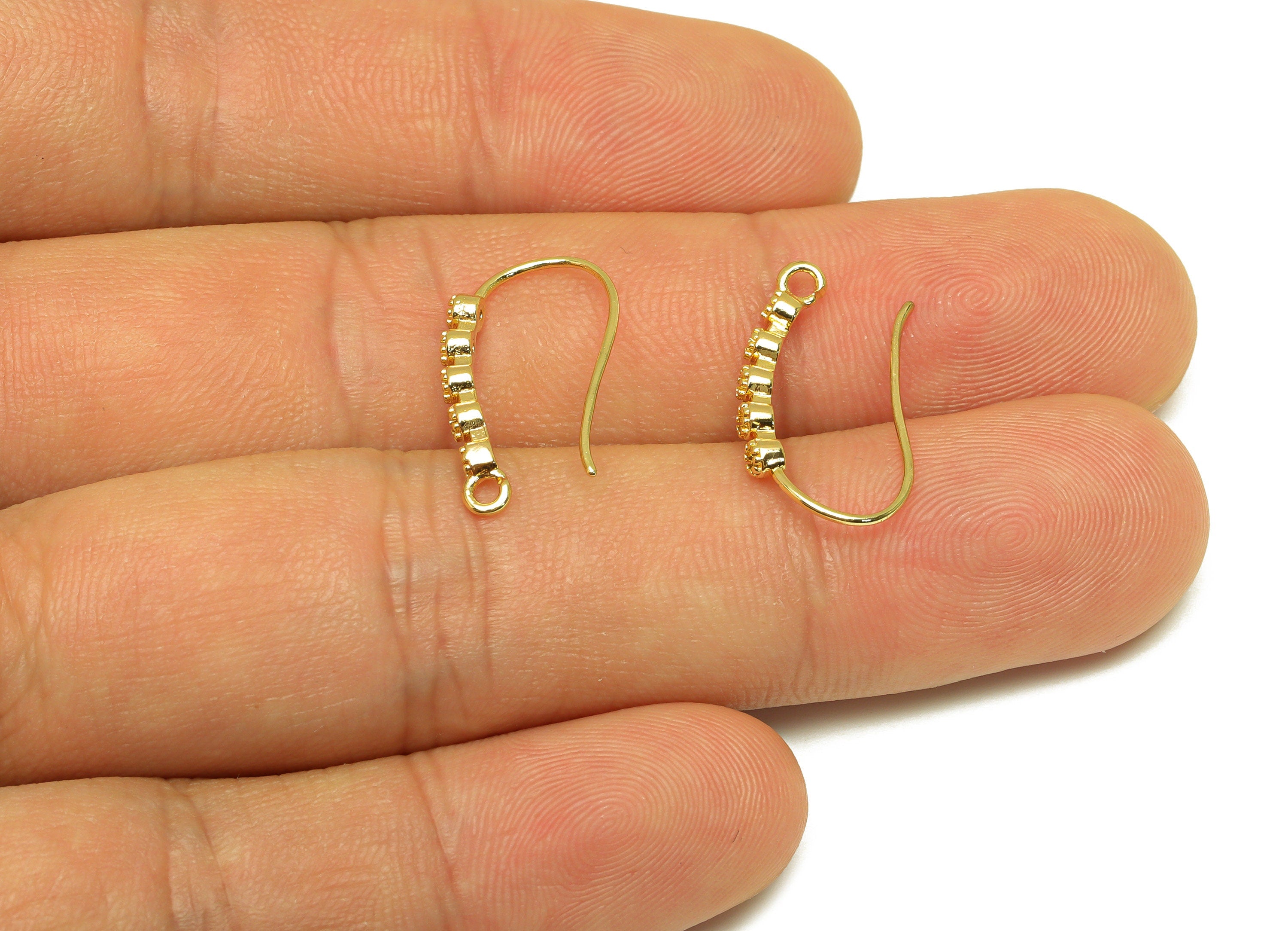 Brass Earring Hook - Brass Long Beaded Zircon Earring Wire With Loop - Brass Earring Wire Hook - 18K Real Gold Plating - 19x11x2mm - RGP7121 - DOMEDBAZAAR