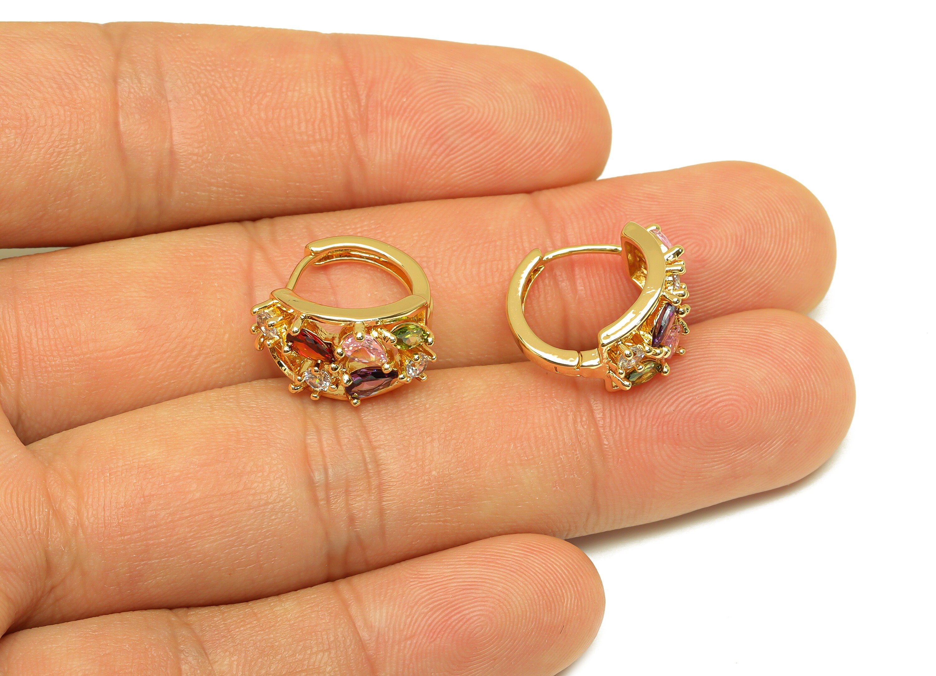 Brass Teardrop Hoop Earring - Brass Teardrop Zircon Huggie Hoop - Brass Rainbow Clasp - 18K Real Gold Plating - 16.52x16.7x10mm - RGP7127 - DOMEDBAZAAR