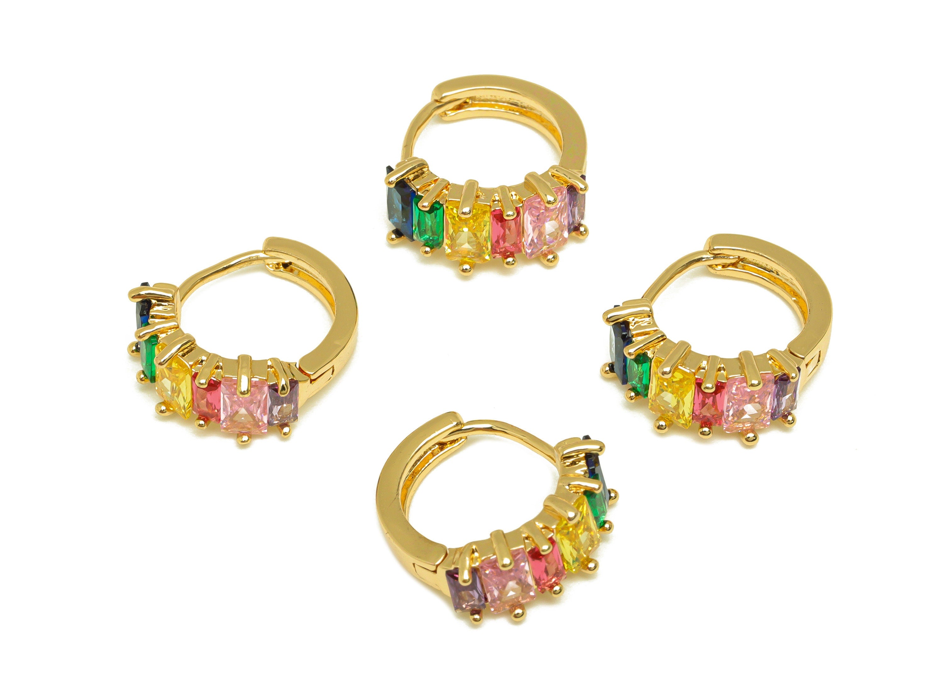 Brass Rectangle Hoop Earring - Brass Geometry Zircon Huggie Hoop - Brass Rainbow Clasp - 18K Real Gold Plating - 14.42x13.17x6mm - RGP7129 - DOMEDBAZAAR