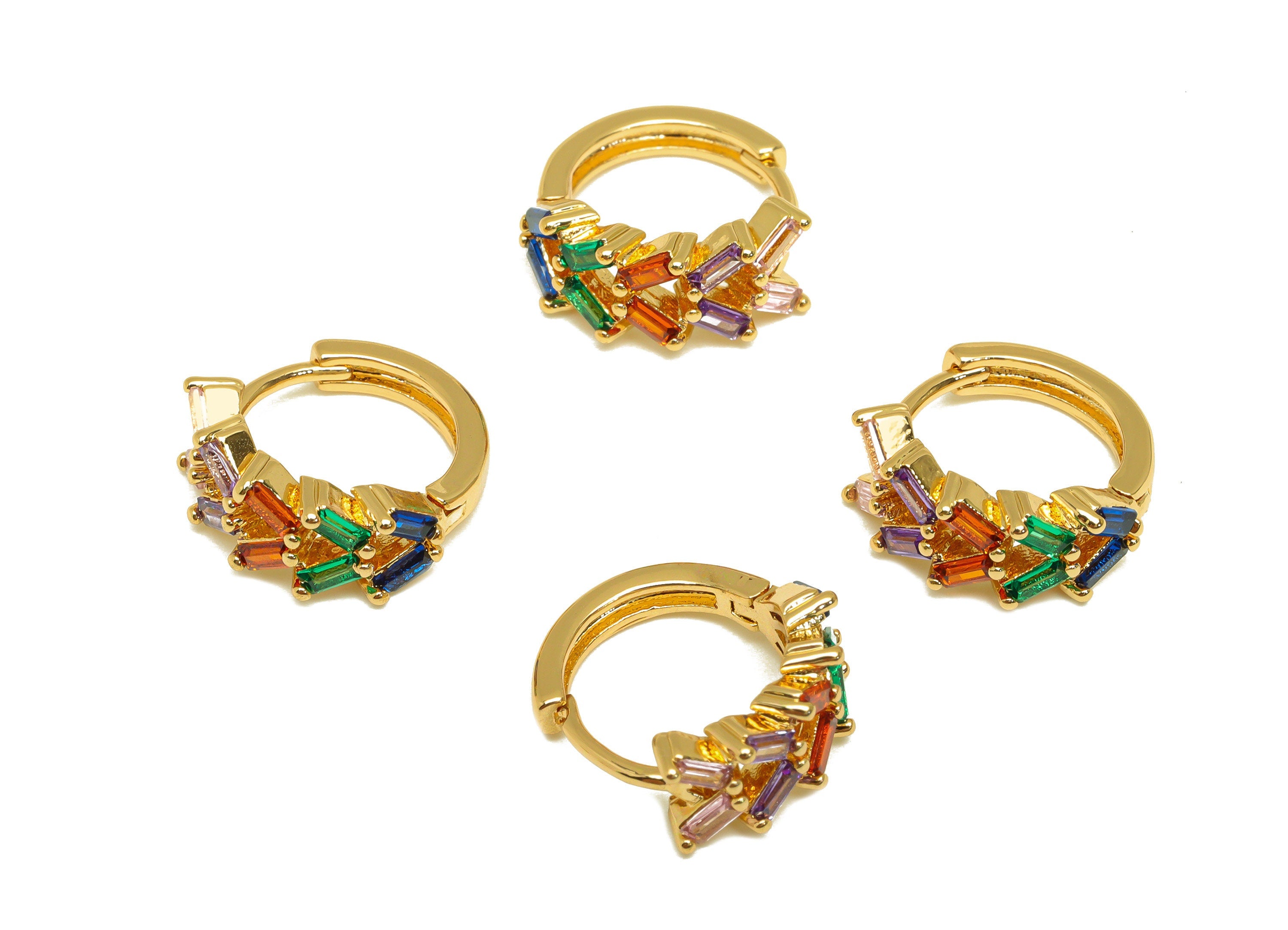 Brass Rectangle Hoop Earring - Brass Geometry Zircon Huggie Hoop - Brass Rainbow Clasp - 18K Real Gold Plating - 14.13x14.8x6mm - RGP7128 - DOMEDBAZAAR
