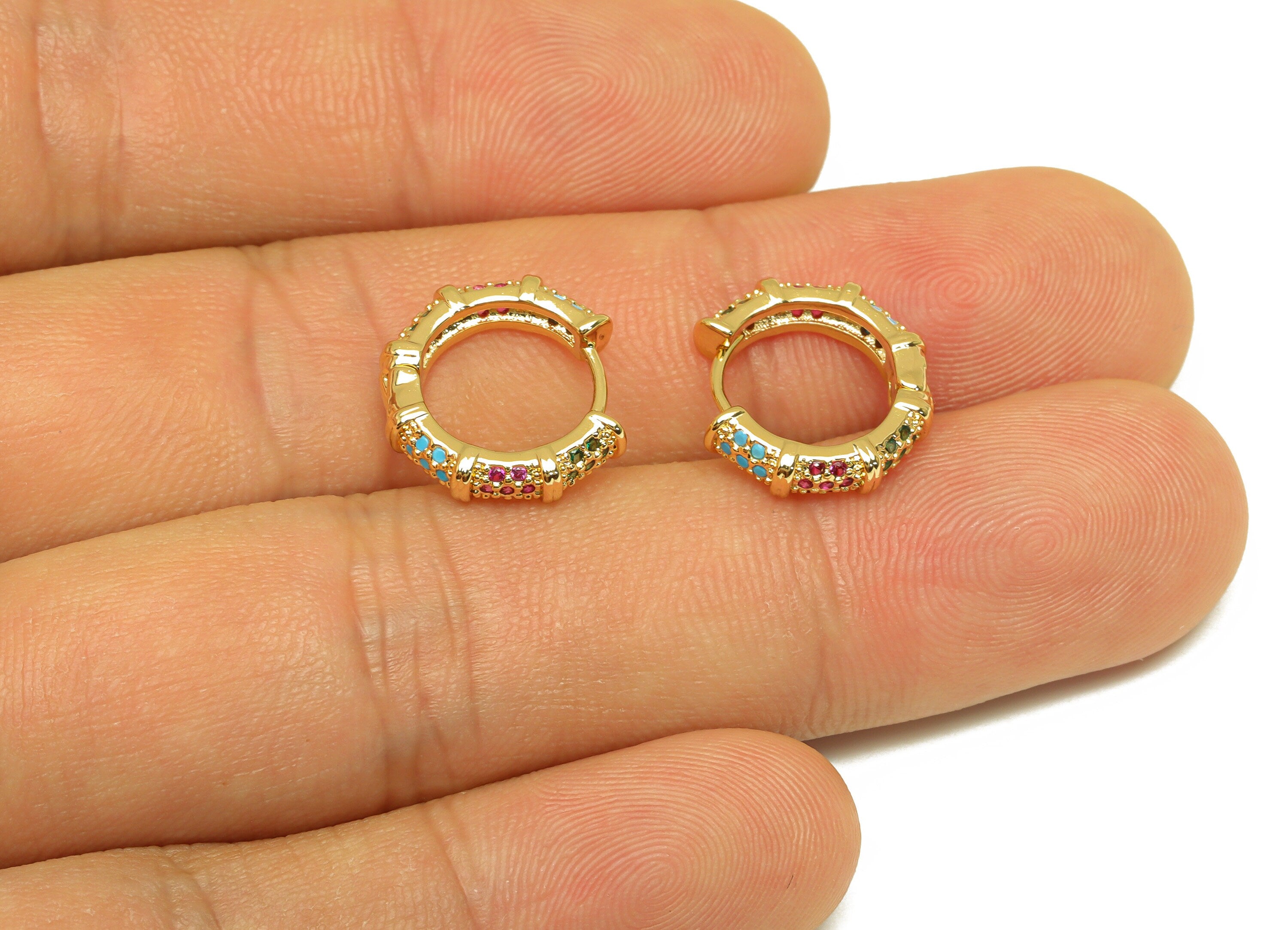 Brass Round Hoop Earring - Brass Textured Zircon Huggie Hoop - Brass Rainbow Clasp - 18K Real Gold Plating - 14.31x13.36x3.66mm - RGP7124 - DOMEDBAZAAR