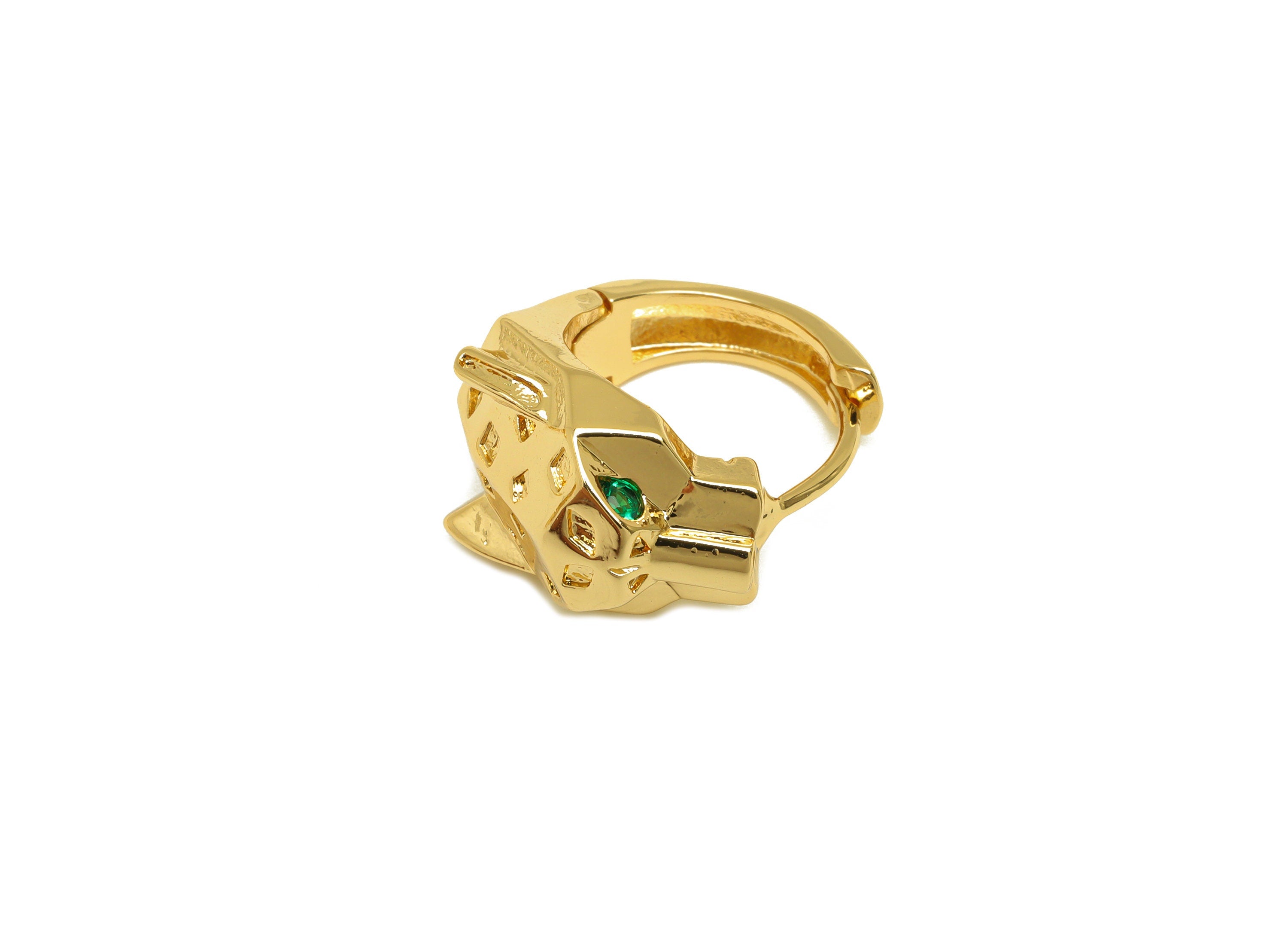 Brass Leopard Hoop Earring - Brass Wolf Zircon Huggie Hoop - Brass Green Animal Clasp - 18K Real Gold Plating - 18.43x17x11mm - RGP7132 - DOMEDBAZAAR