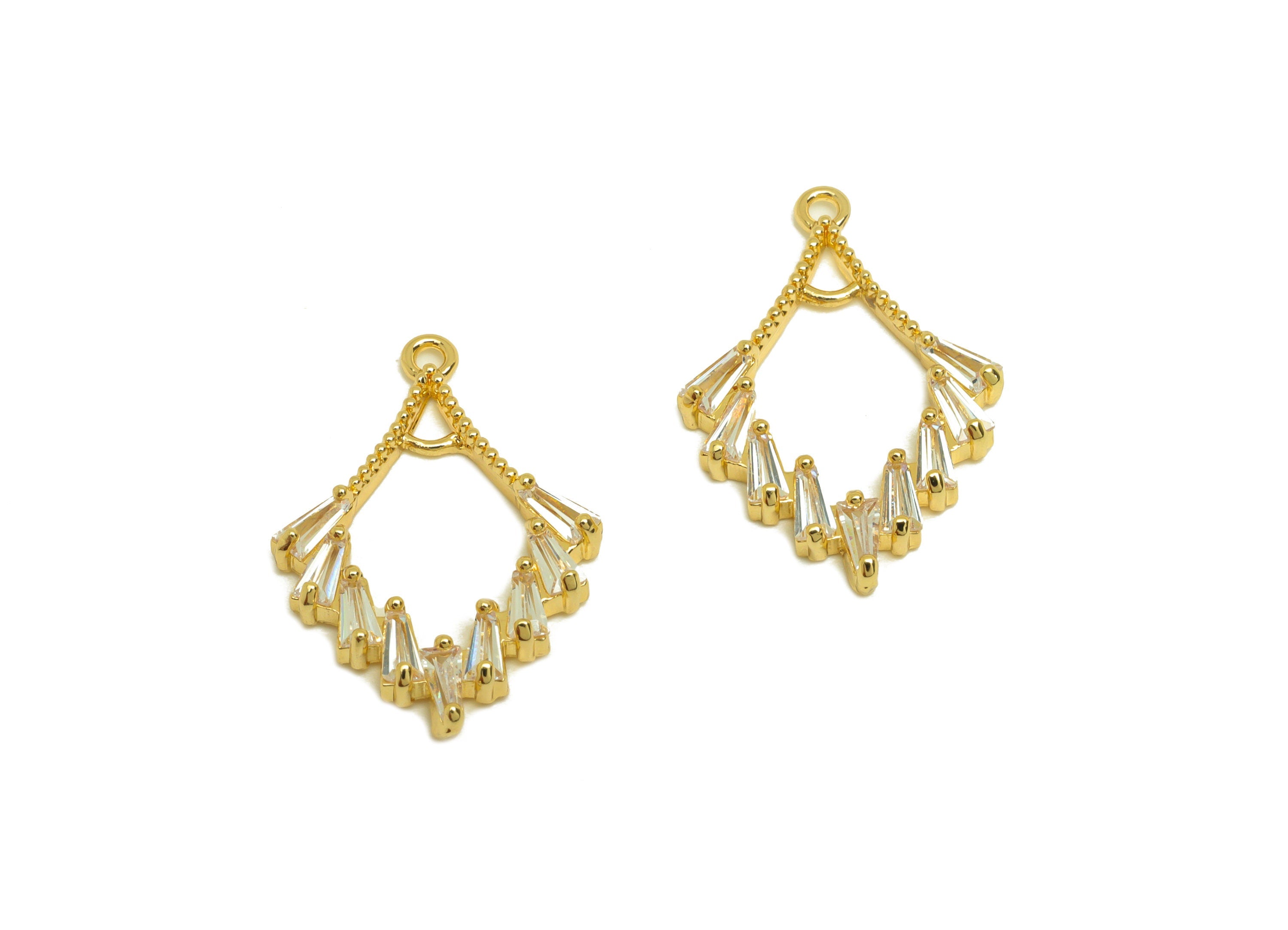 Brass Fan Earring Charm - Brass Cubic Zircon Earring Charm - Brass Textured Fan Pendant - 18K Real Gold Plating - 22x14x2mm - RGP6920 - DOMEDBAZAAR