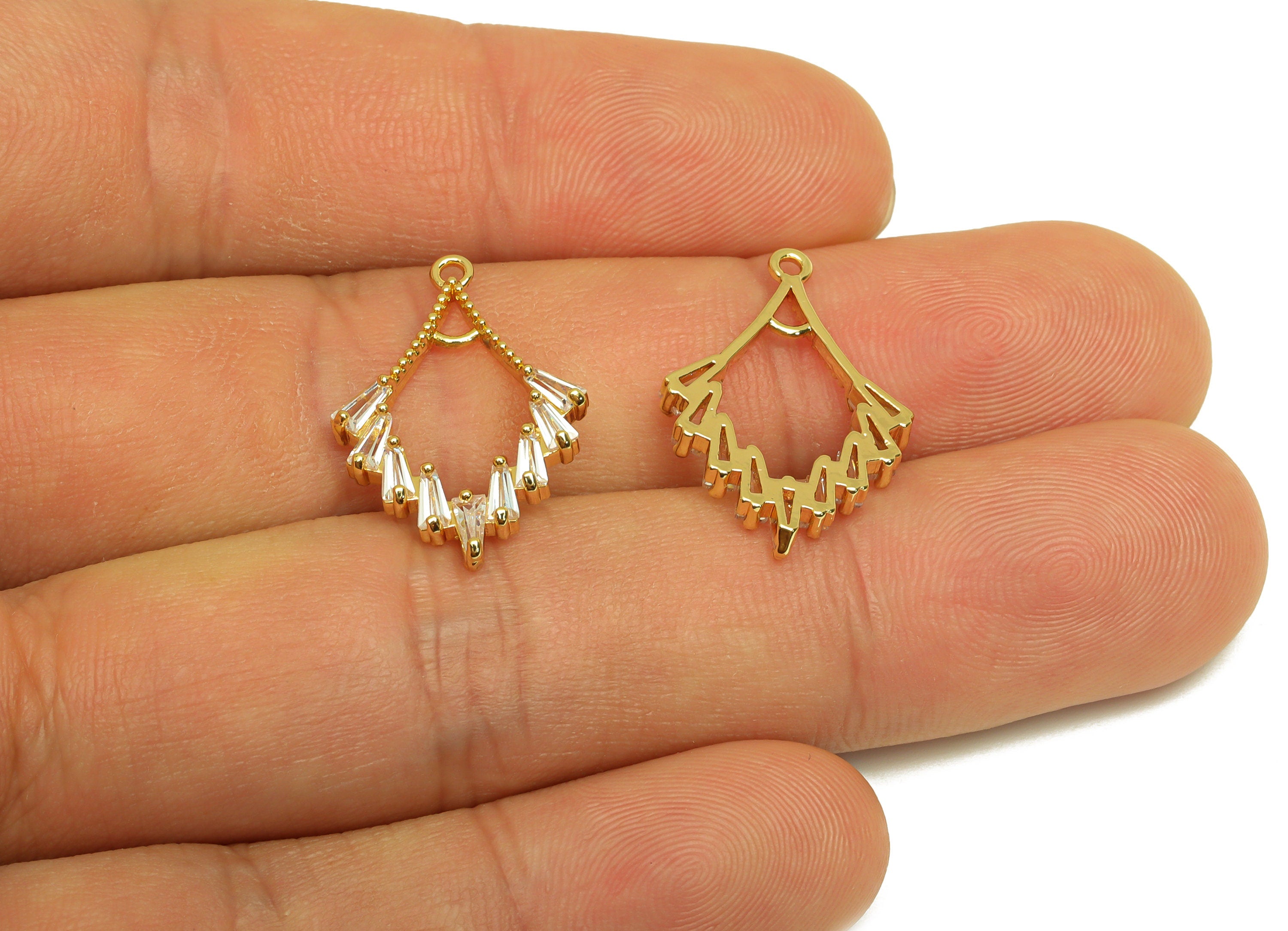 Brass Fan Earring Charm - Brass Cubic Zircon Earring Charm - Brass Textured Fan Pendant - 18K Real Gold Plating - 22x14x2mm - RGP6920 - DOMEDBAZAAR