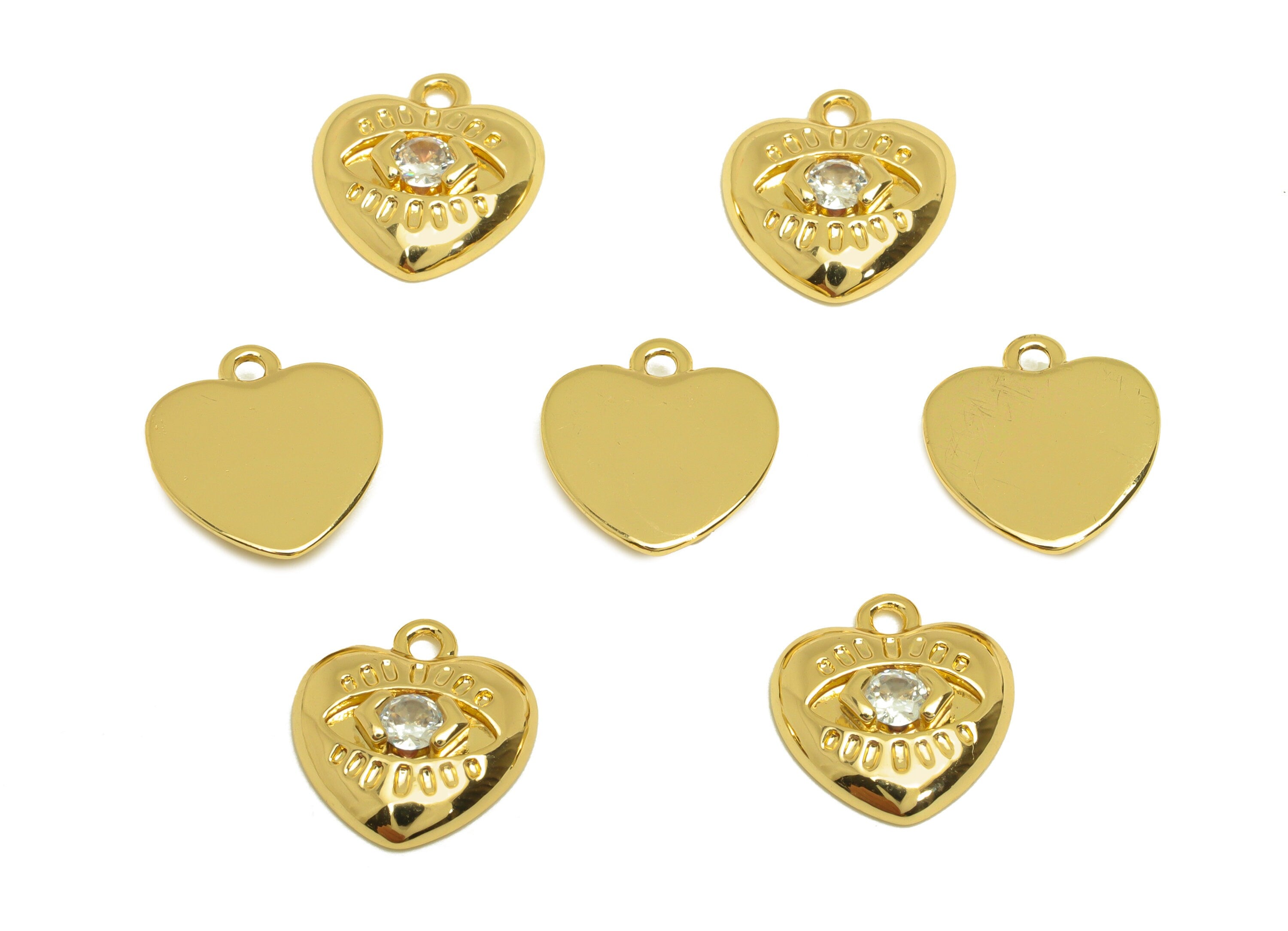 Brass Heart Earring Charm - Brass Cubic Zircon Earring Charm - Brass Eye Heart Earring Charm - 18K Real Gold Plating - 11.14x9x2mm - RGP6956 - DOMEDBAZAAR