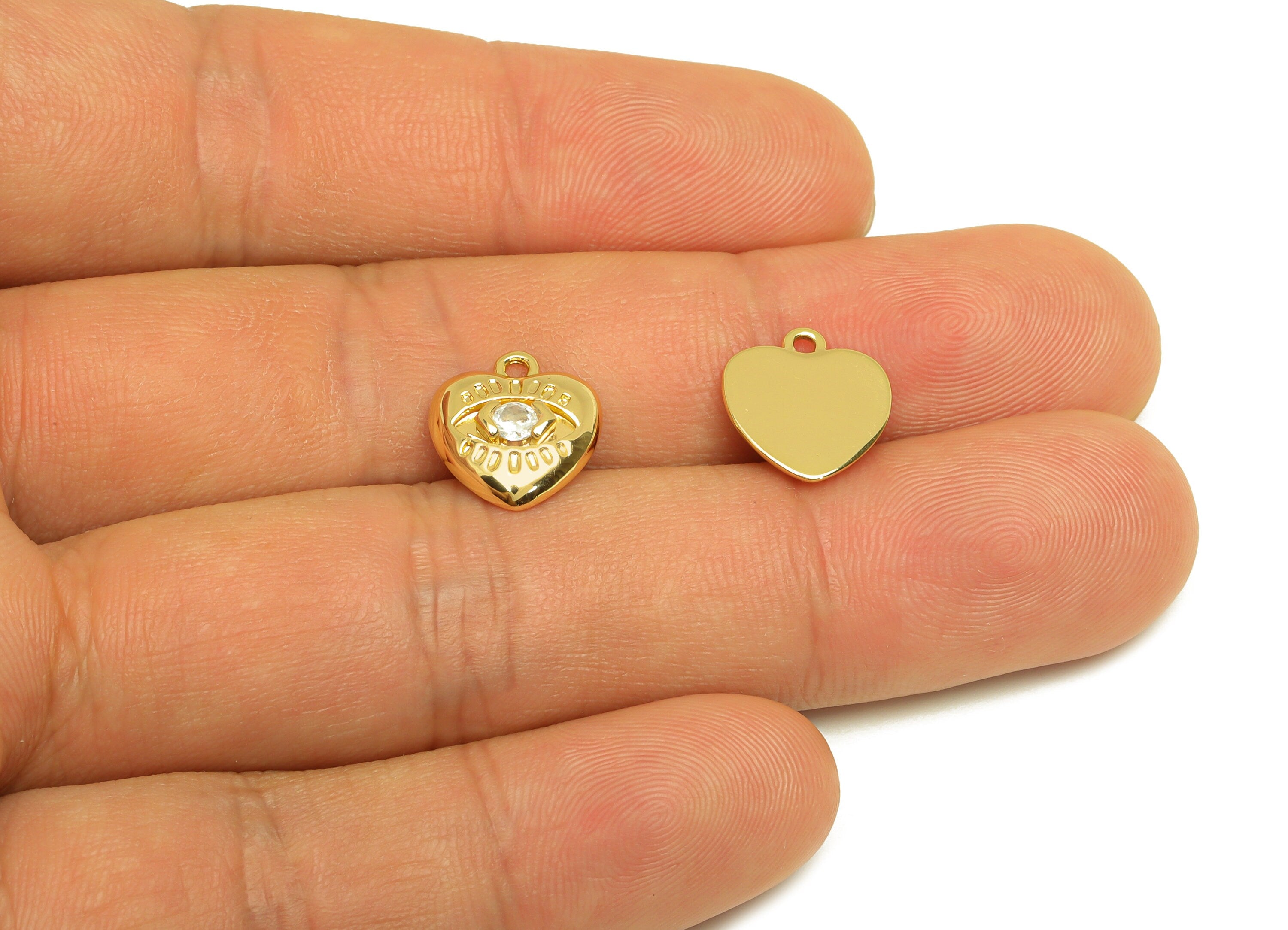 Brass Heart Earring Charm - Brass Cubic Zircon Earring Charm - Brass Eye Heart Earring Charm - 18K Real Gold Plating - 11.14x9x2mm - RGP6956 - DOMEDBAZAAR
