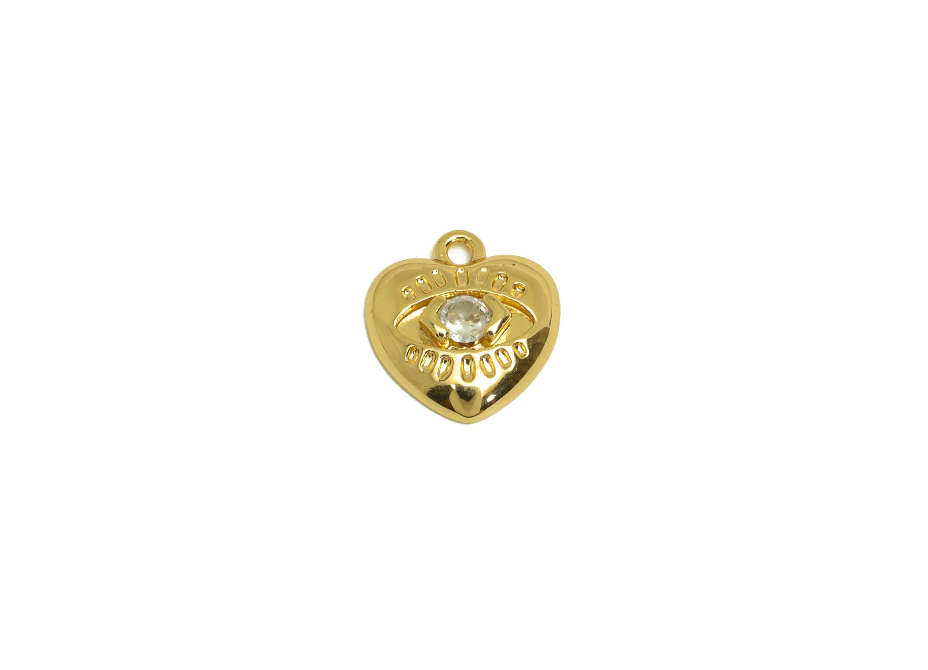 Brass Heart Earring Charm - Brass Cubic Zircon Earring Charm - Brass Eye Heart Earring Charm - 18K Real Gold Plating - 11.14x9x2mm - RGP6956 - DOMEDBAZAAR