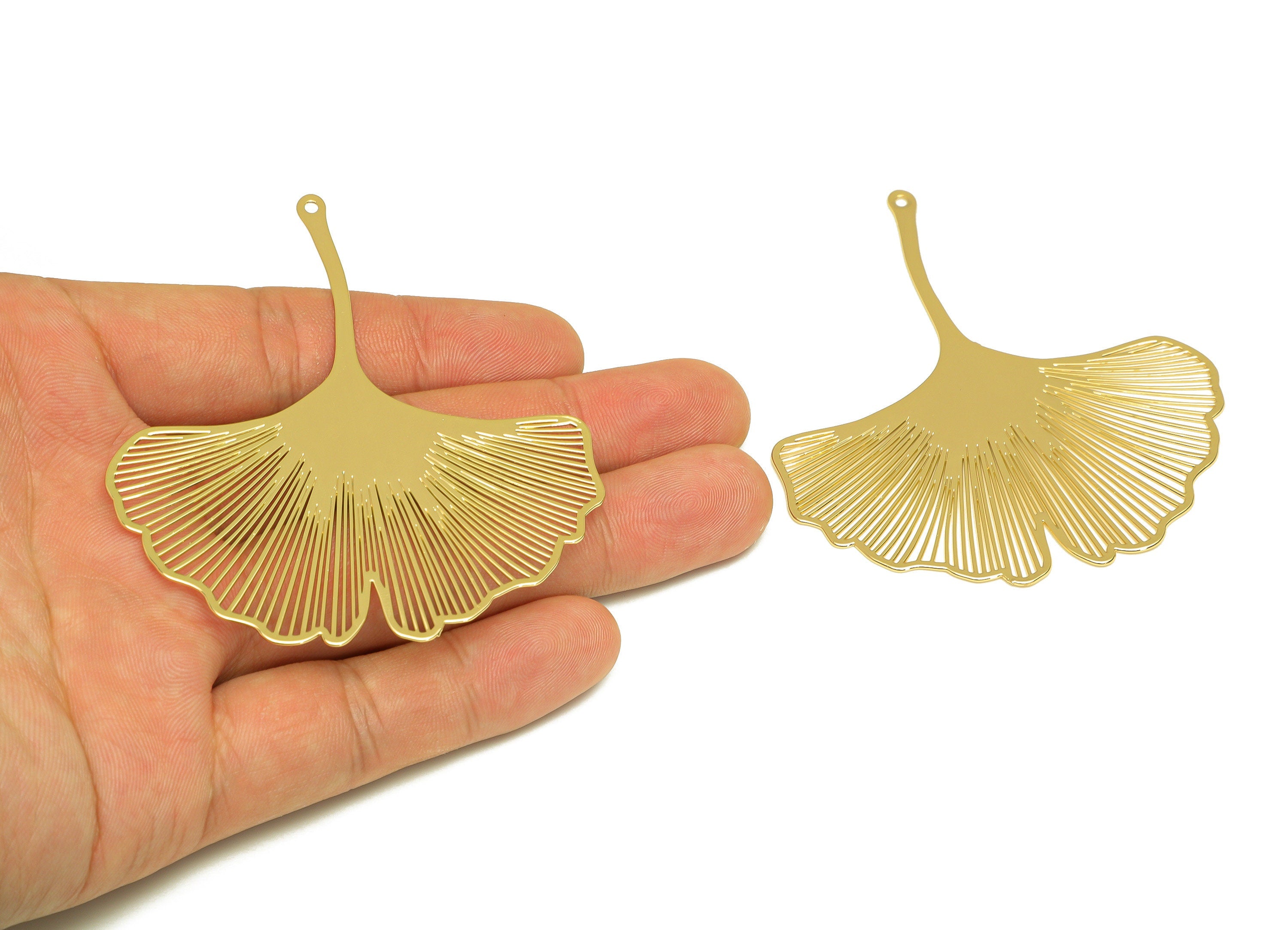 Brass Leaf Charm - Brass Botanical Earring Charm - Brass Ginkgo Biloba Pendant - 18K Real Gold Plating - 75.9x66.6x0.35mm - RGP7138 - DOMEDBAZAAR